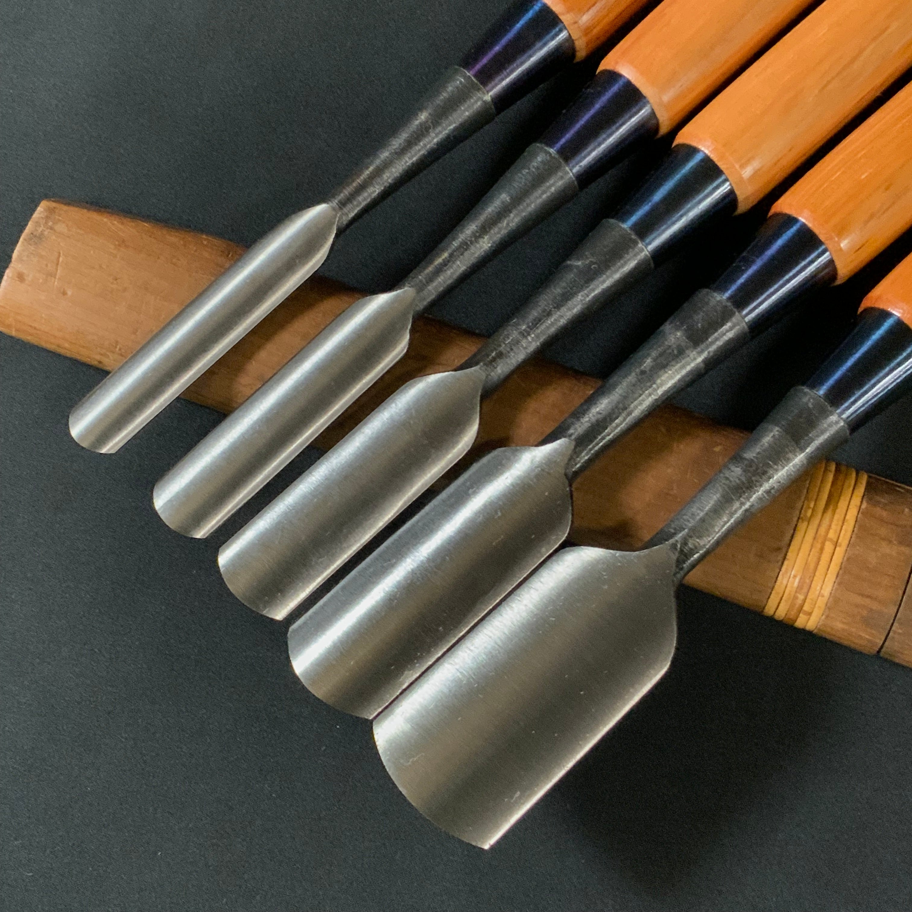 Toshikuni Soto maru Round chisels set with white steel 利国 外丸組鑿 5本組 Sotomarunomi