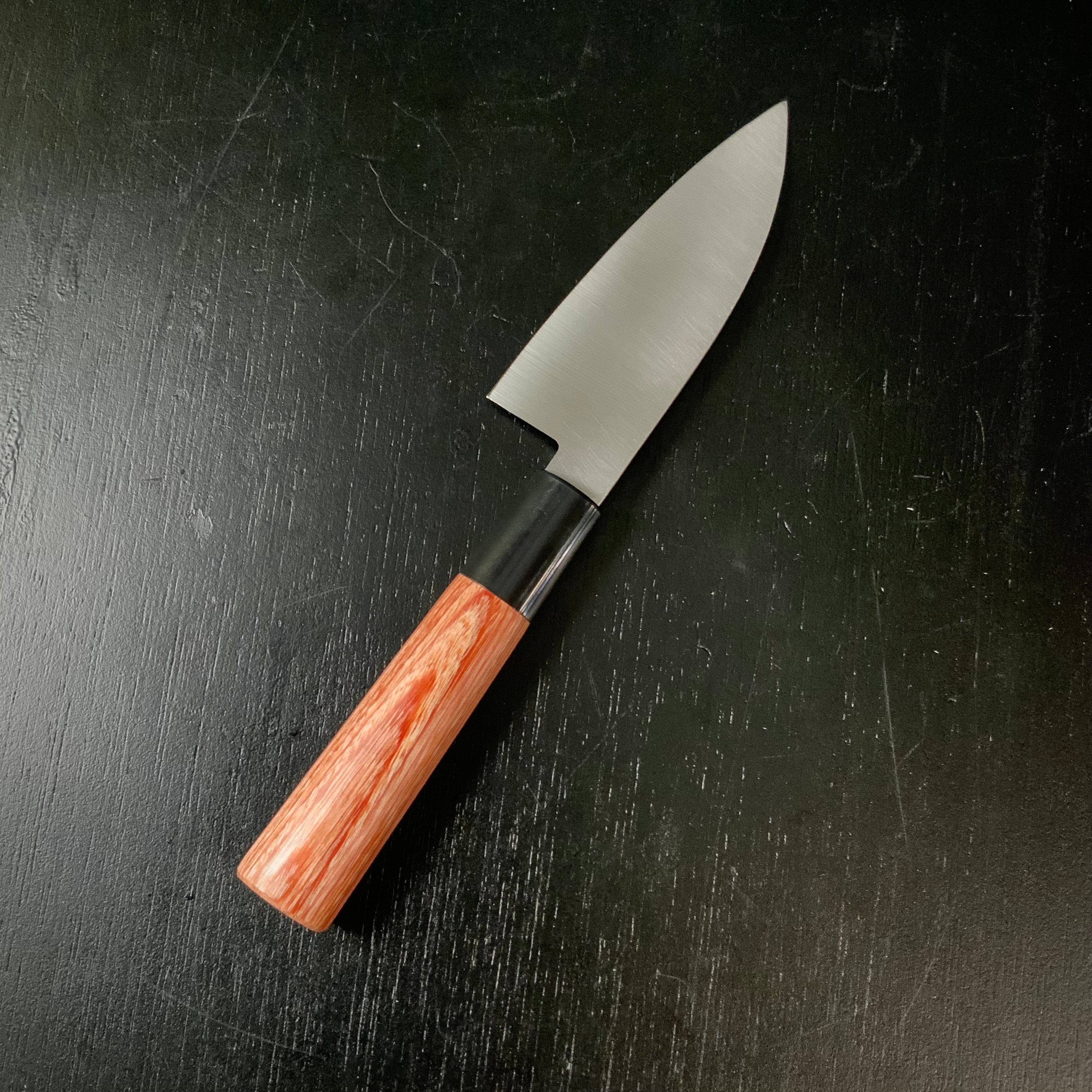 Houei INOX Chef knife Kodeba brown plywood with rounded edges / 豊榮 INOX 鎚目 茶合板丸柄 小出刄 105mm