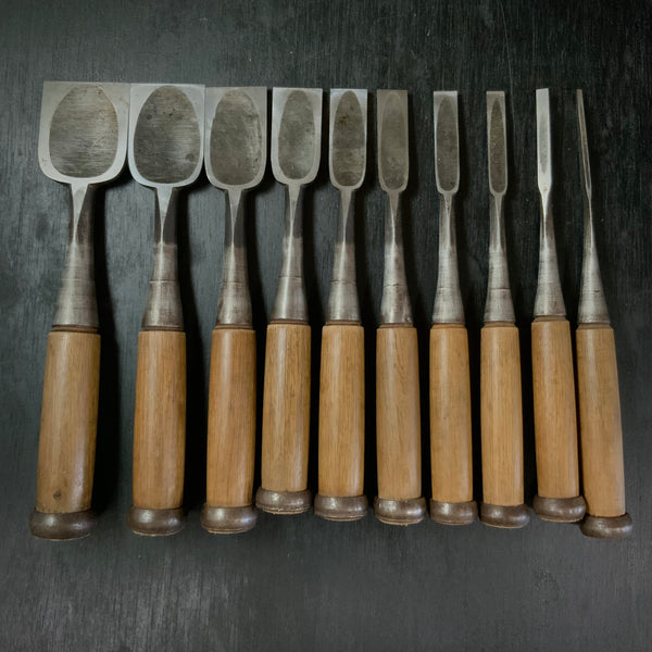Used Nishiki Ryu Bench chisels set  (Used by palace carpenters)     錦龍  追入組鑿 中古鑿(宮大工使用）