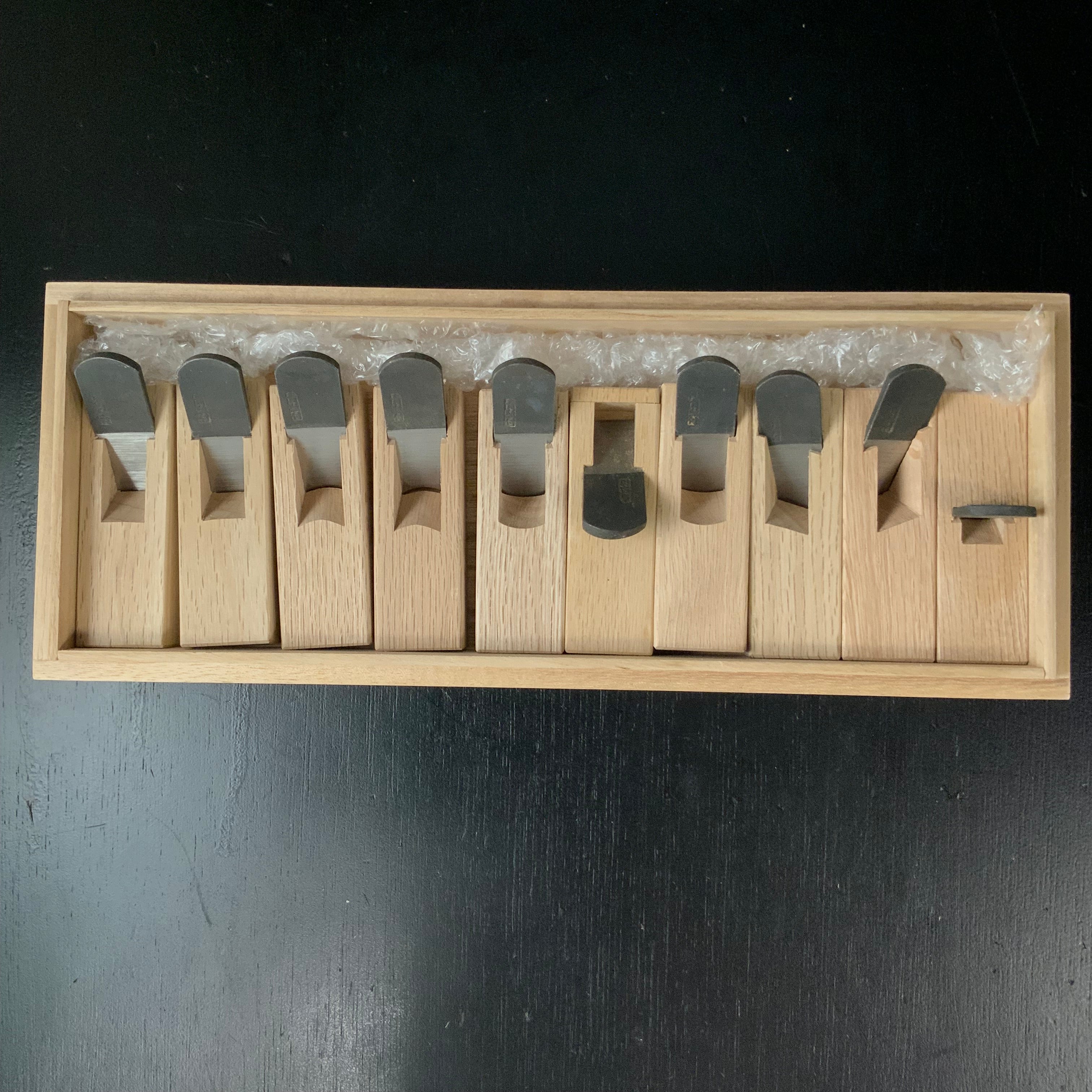 Old stock Mini Plane set (x10 planes) with Blue steel by Seikichi Sekikawa 掘出し物 関川誠吉作 細工組鉋 18mm