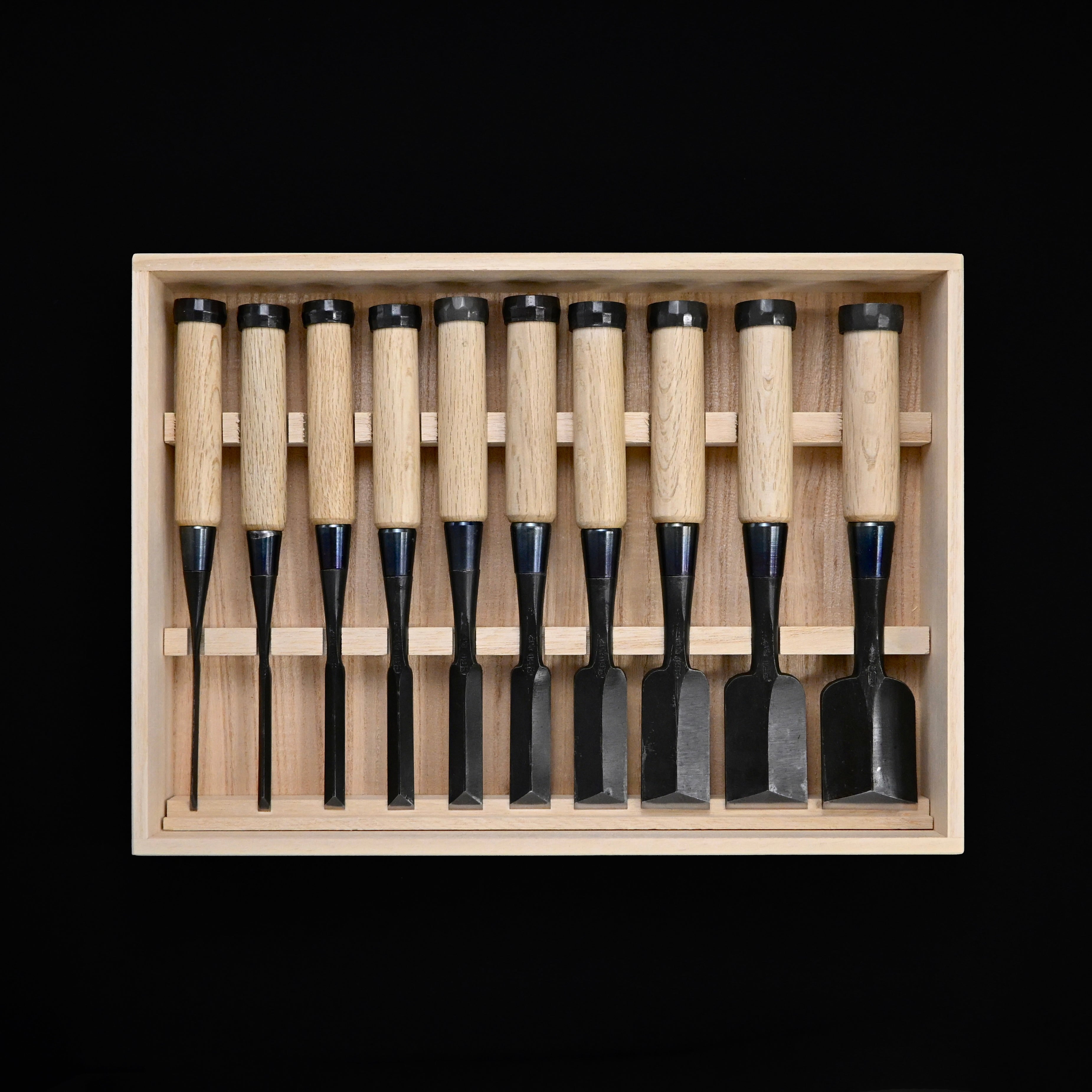 二治弘 鎬 追入組鑿 白樫柄 Nijihiro Dovetail Bench chisels set white Oak Handle by Chuutarou Imai (Fujihiro)