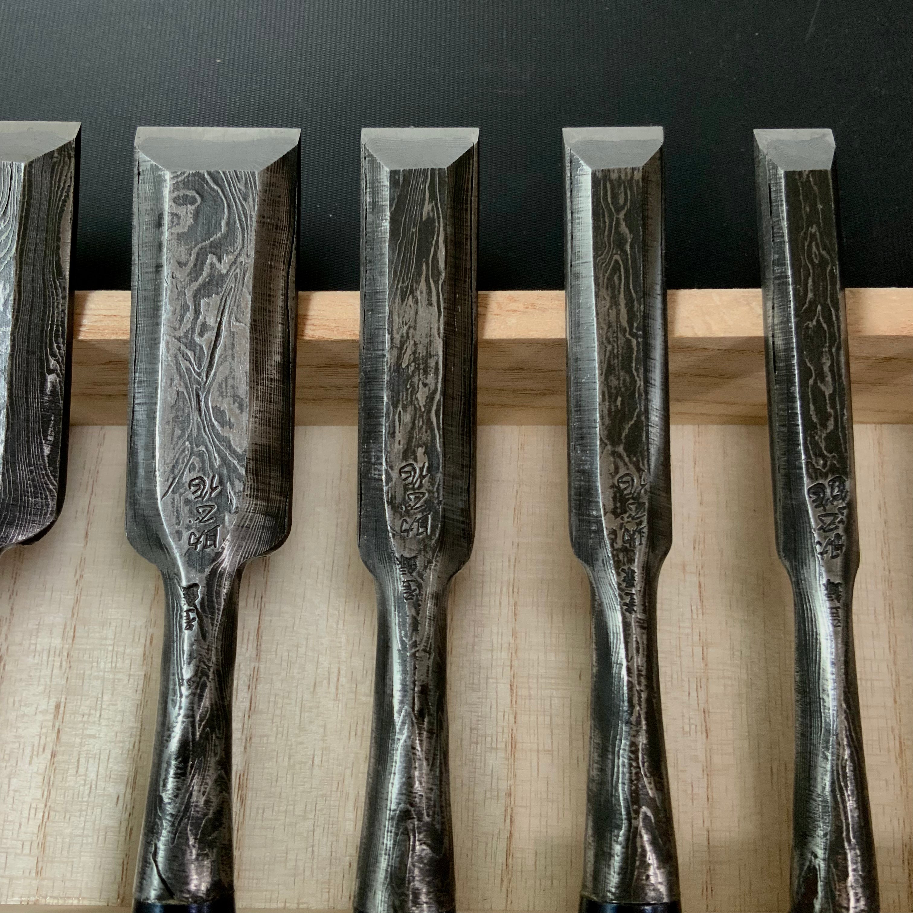 Sukemasa Suminagashi Bench chisels set with White steel 助正 墨流し 追入組鑿 白紙鋼 Oirenomi