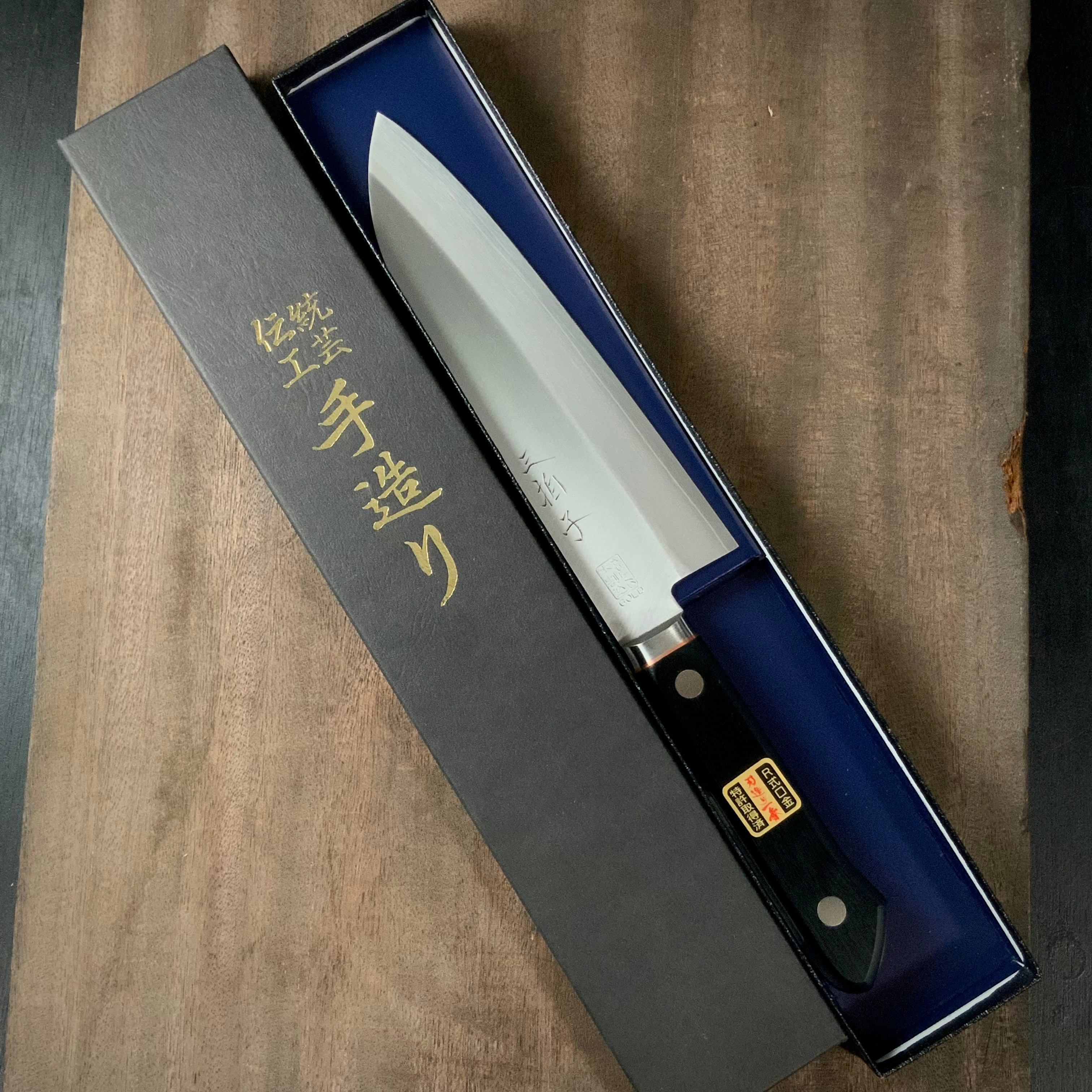 Sanbyoushi Santoku knife with main interrupt stainless steel cladding 三拍子V金1号 口金付 本割込 三徳 165mm