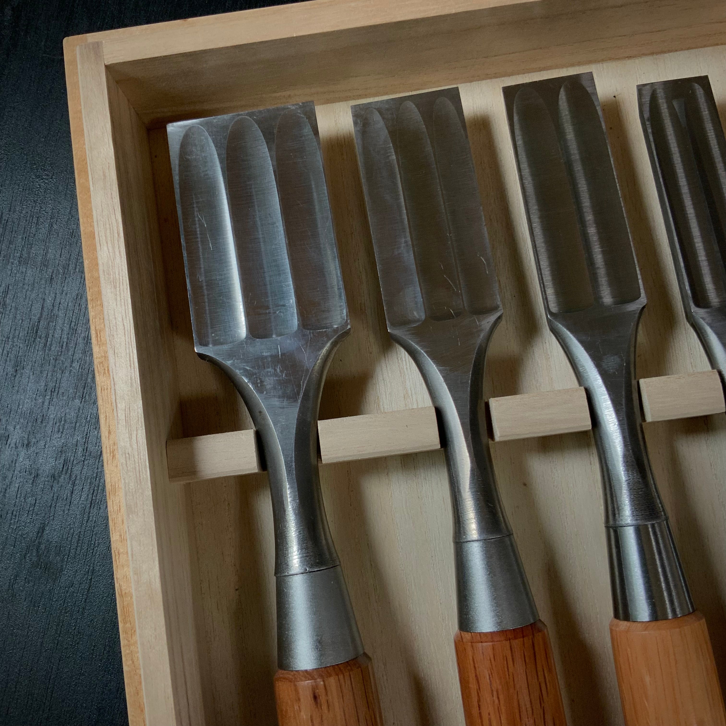 Old stock Sukemaru 3rd Damekiri chisels set with Triple ura 掘出し物 三代助丸作 碓氷金三郎氏 ダメ切り5本組鑿 Damekirinomi