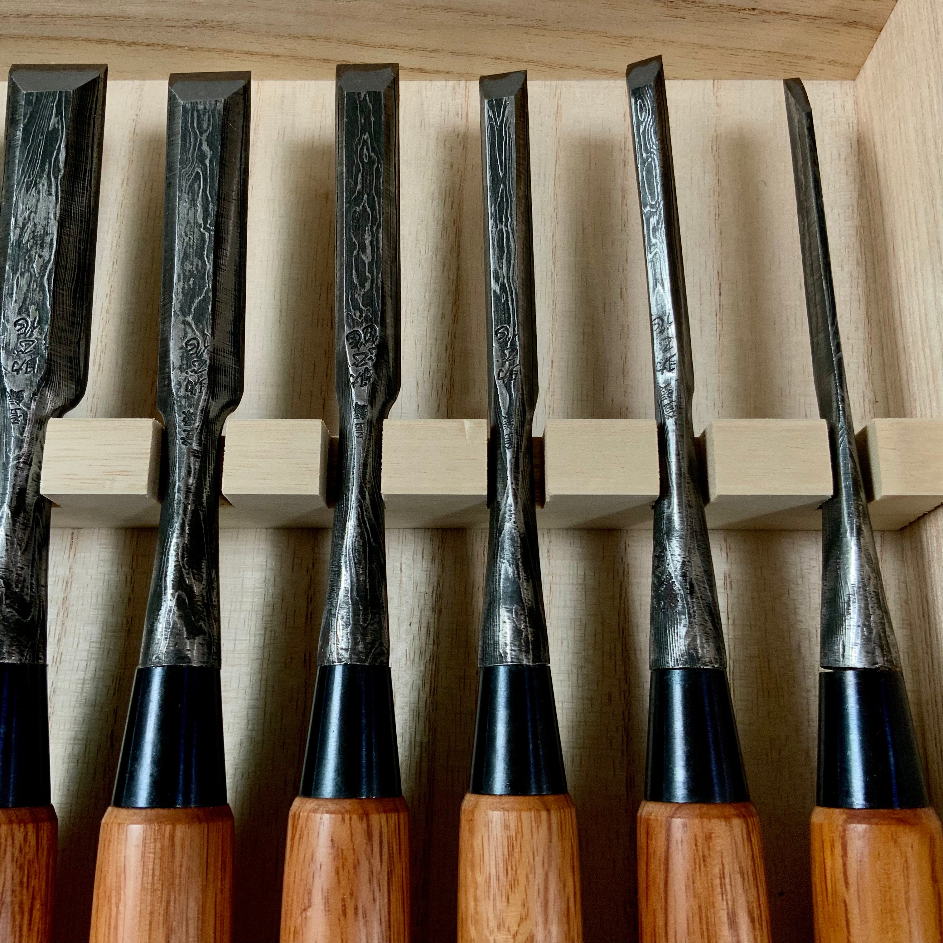 Sukemasa Suminagashi Bench chisels set with White steel 助正 墨流し 追入組鑿 白紙鋼 Oirenomi