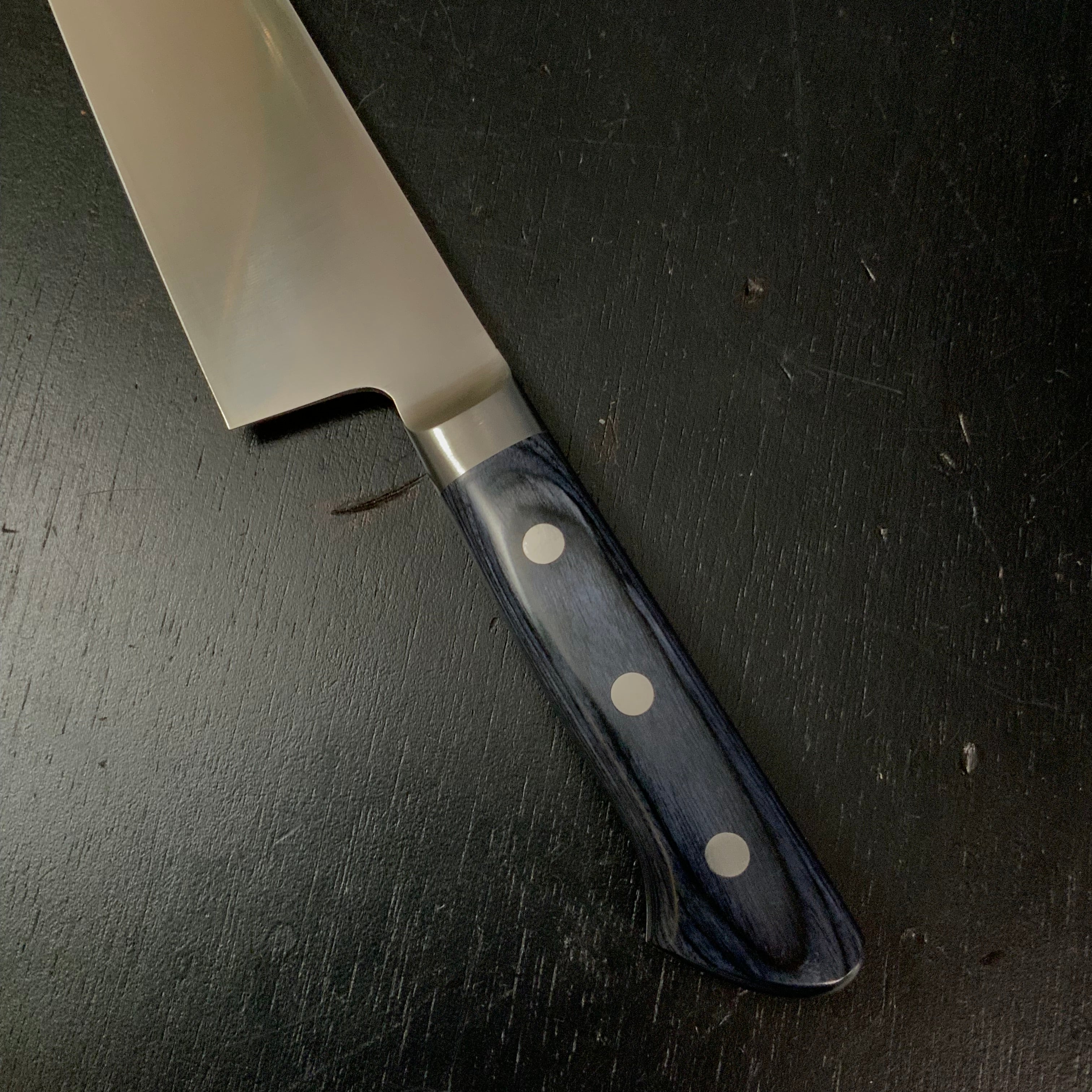 Kanemoto Kiritsuke Santoku with molybdenum steel blue plywood 兼元作 モリブデン鋼 切付三徳 青合板 195mm