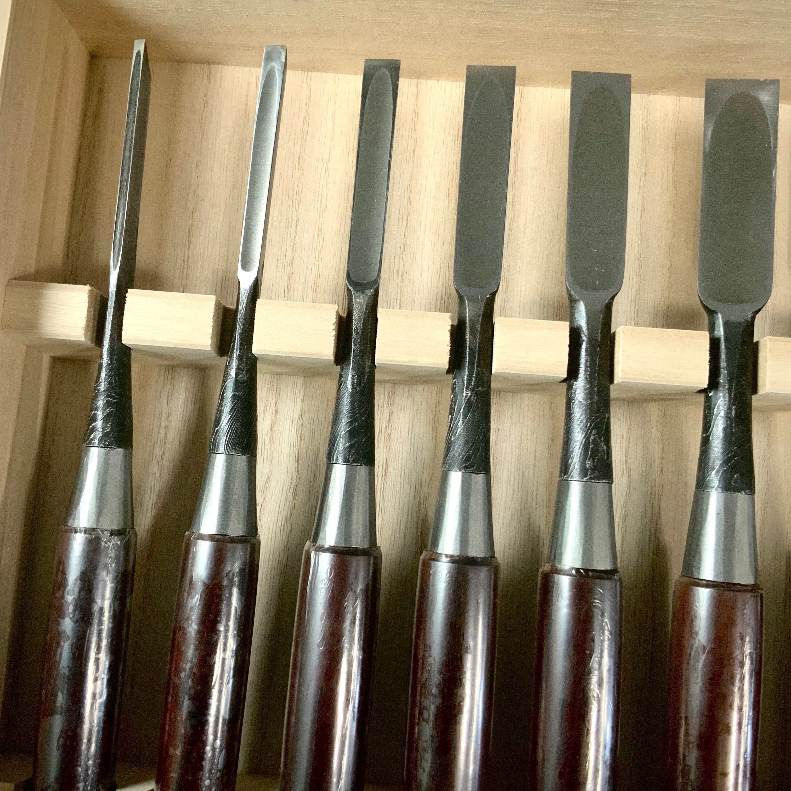 Tasai Mokume Special Bench chisels set with Rosewood handle 田斎作 木目造り 追入組鑿 10本組 紫檀柄