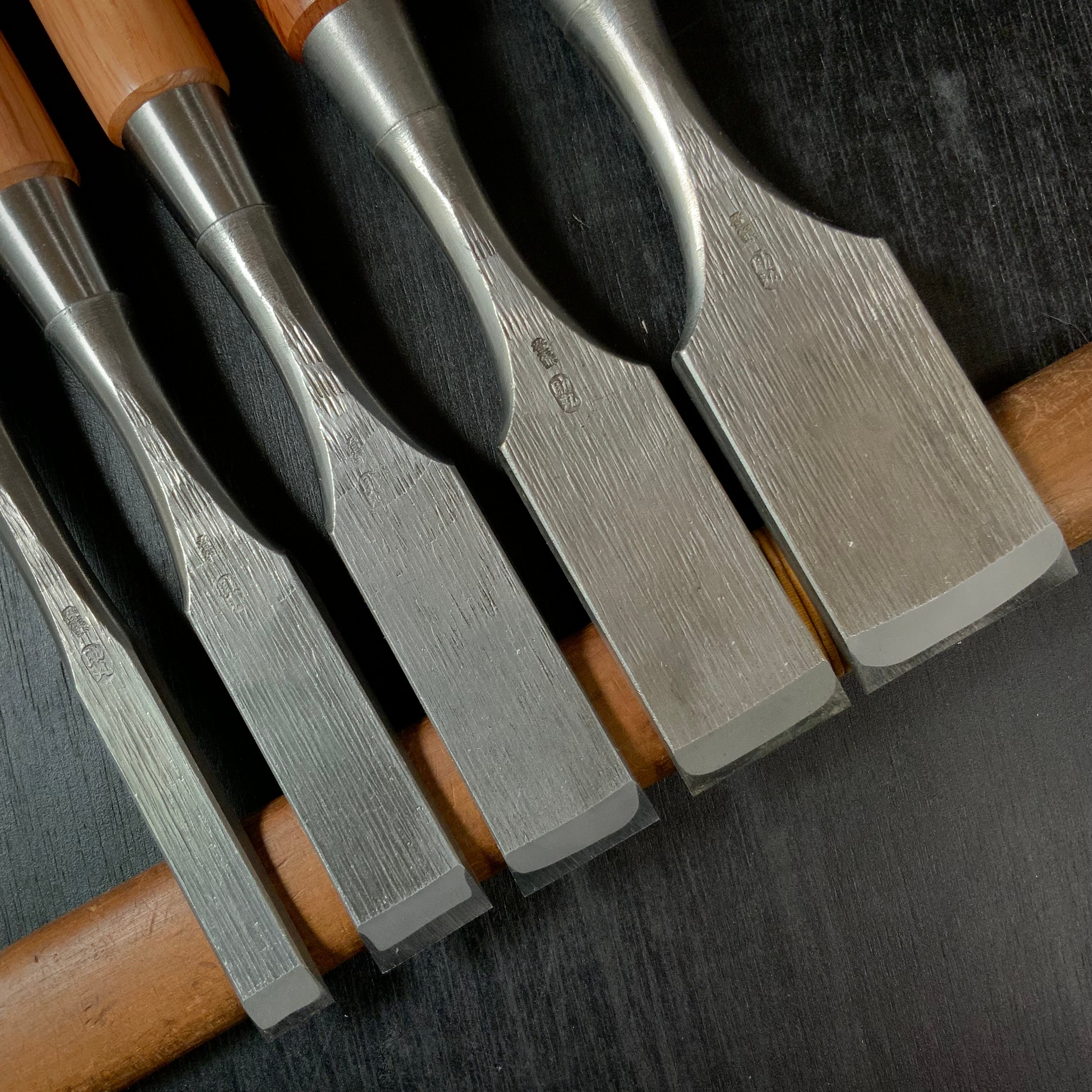 Old stock Sukemaru 3rd Damekiri chisels set with Triple ura 掘出し物 三代助丸作 碓氷金三郎氏 ダメ切り5本組鑿 Damekirinomi