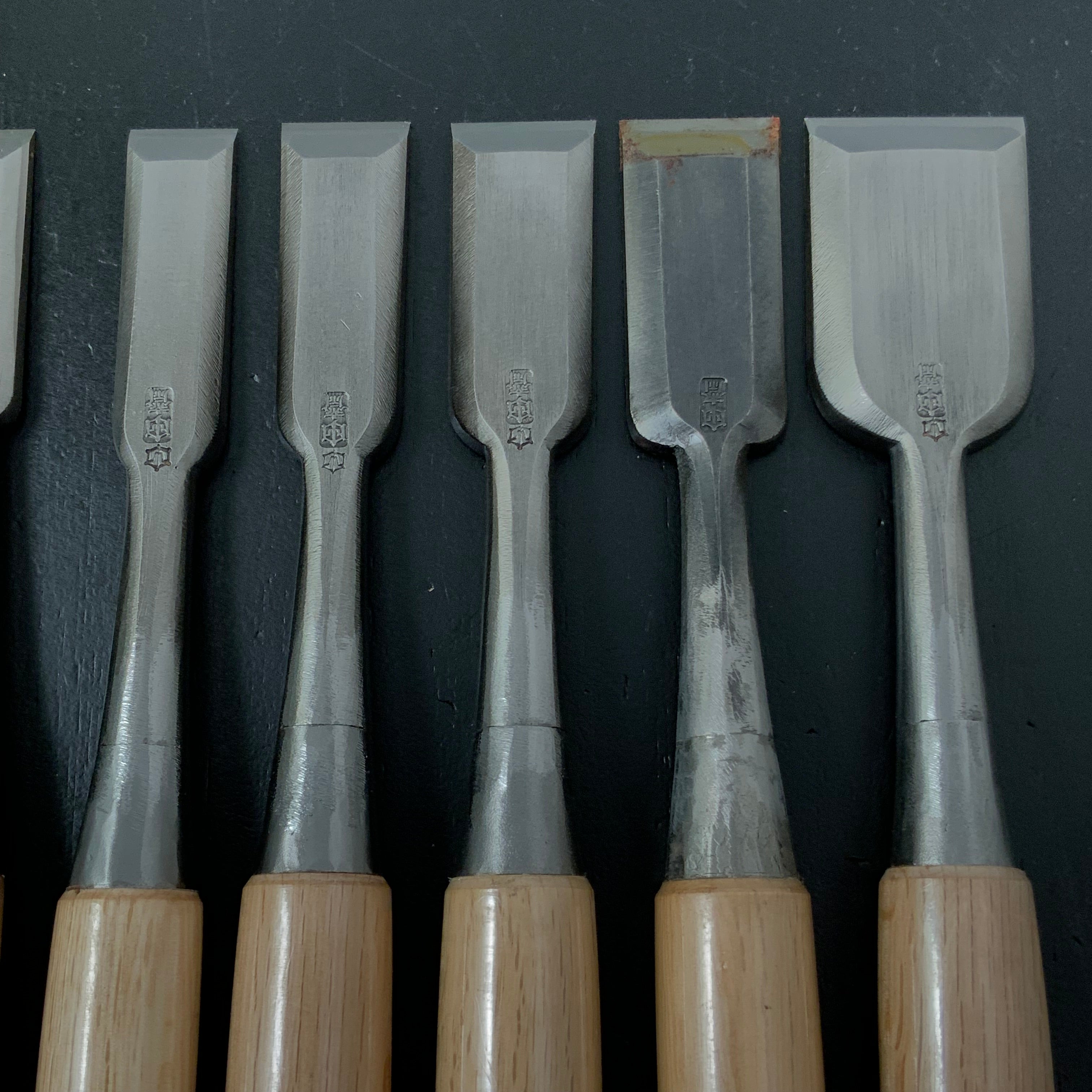 Old Stock Tasai Special Bench chisels (Oirenomi) with blue steel 掘出し物 田斎作 磨き仕上 追入鑿