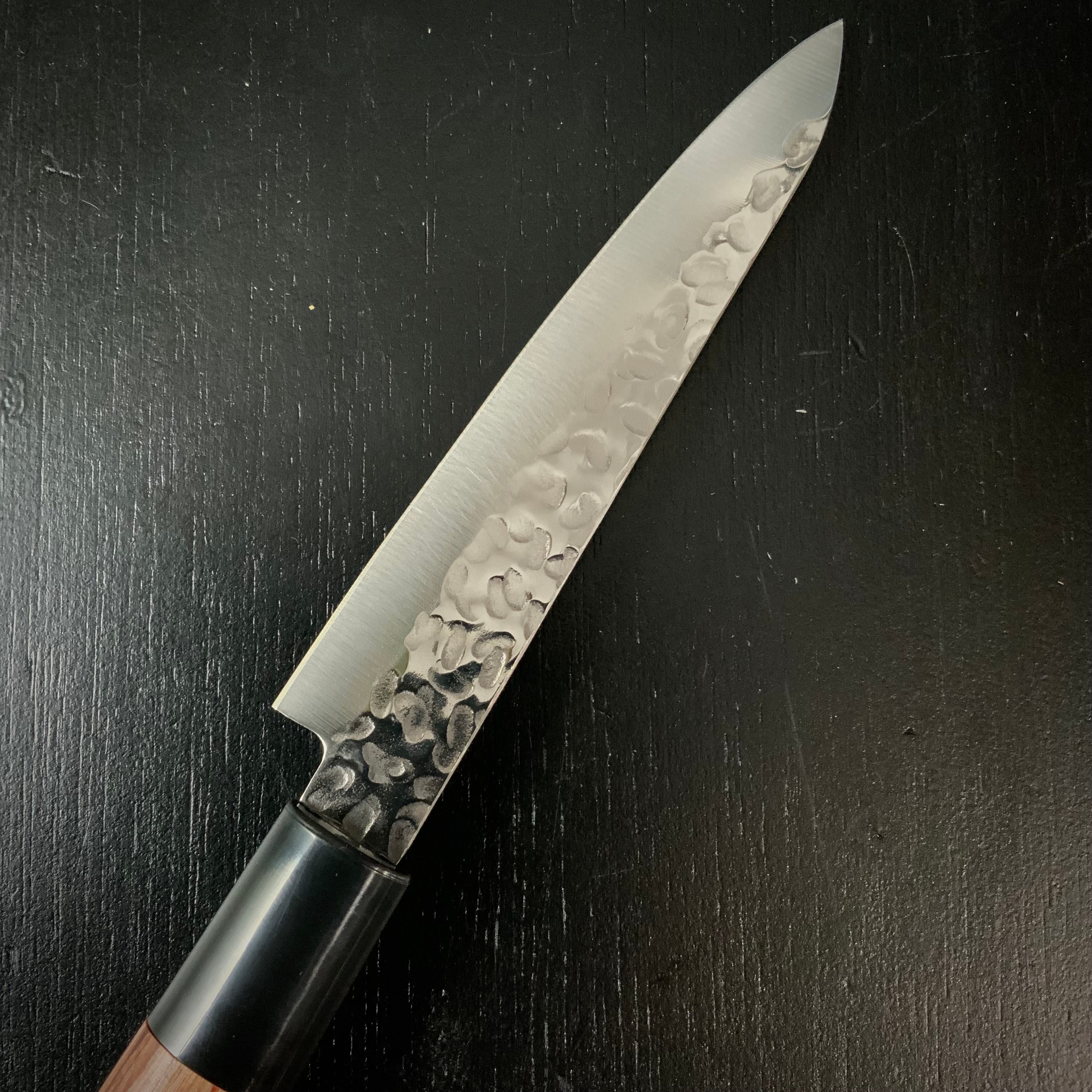 Houei INOX Chef Petit knife Satoru brown plywood with rounded edges / 豊榮 INOX 鎚目 茶合板丸柄 ペティ 120mm