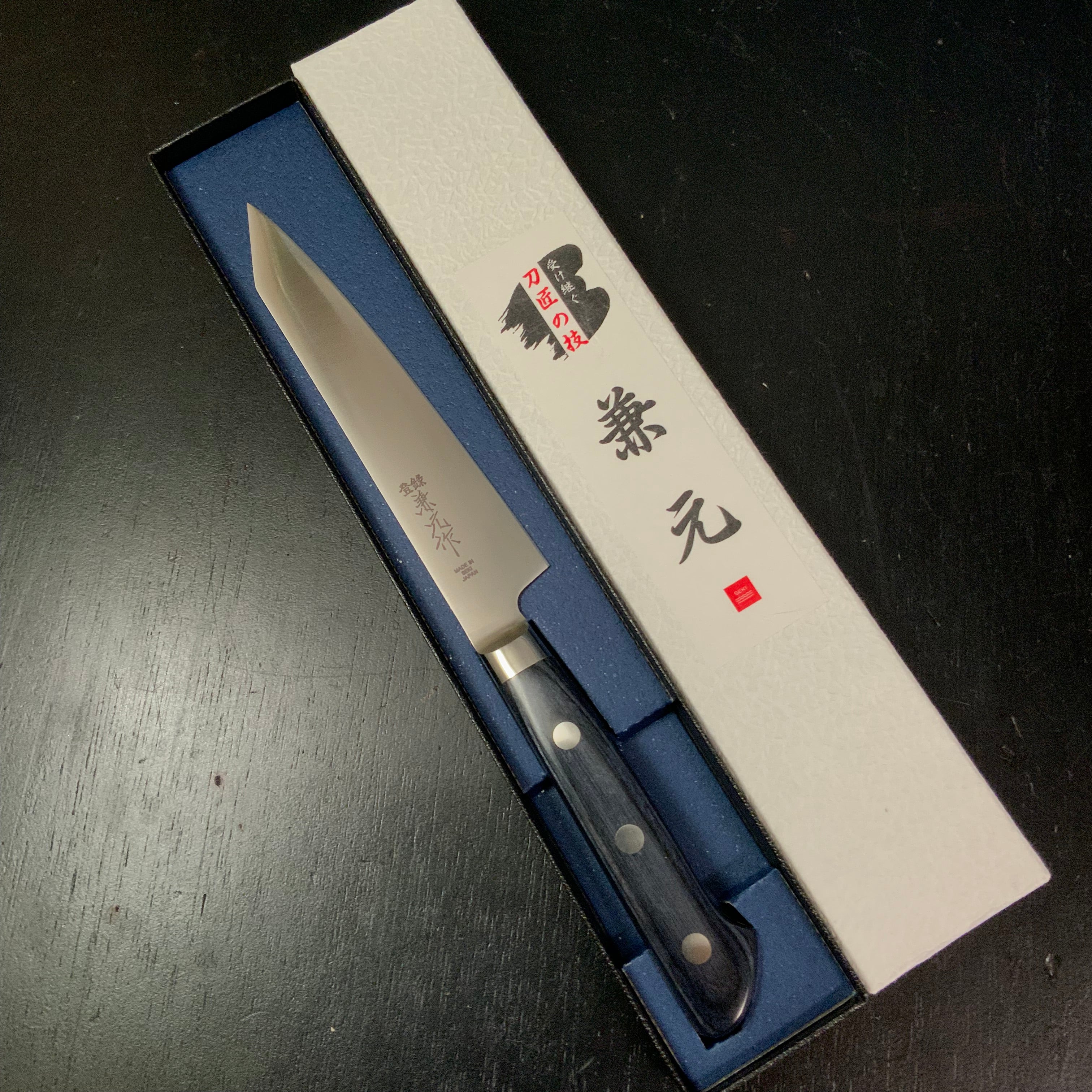 Kanemoto Kiritsuke Petit knife with molybdenum steel blue plywood 兼元作 モリブデン鋼 切付ペティナイフ 青合板 145mm