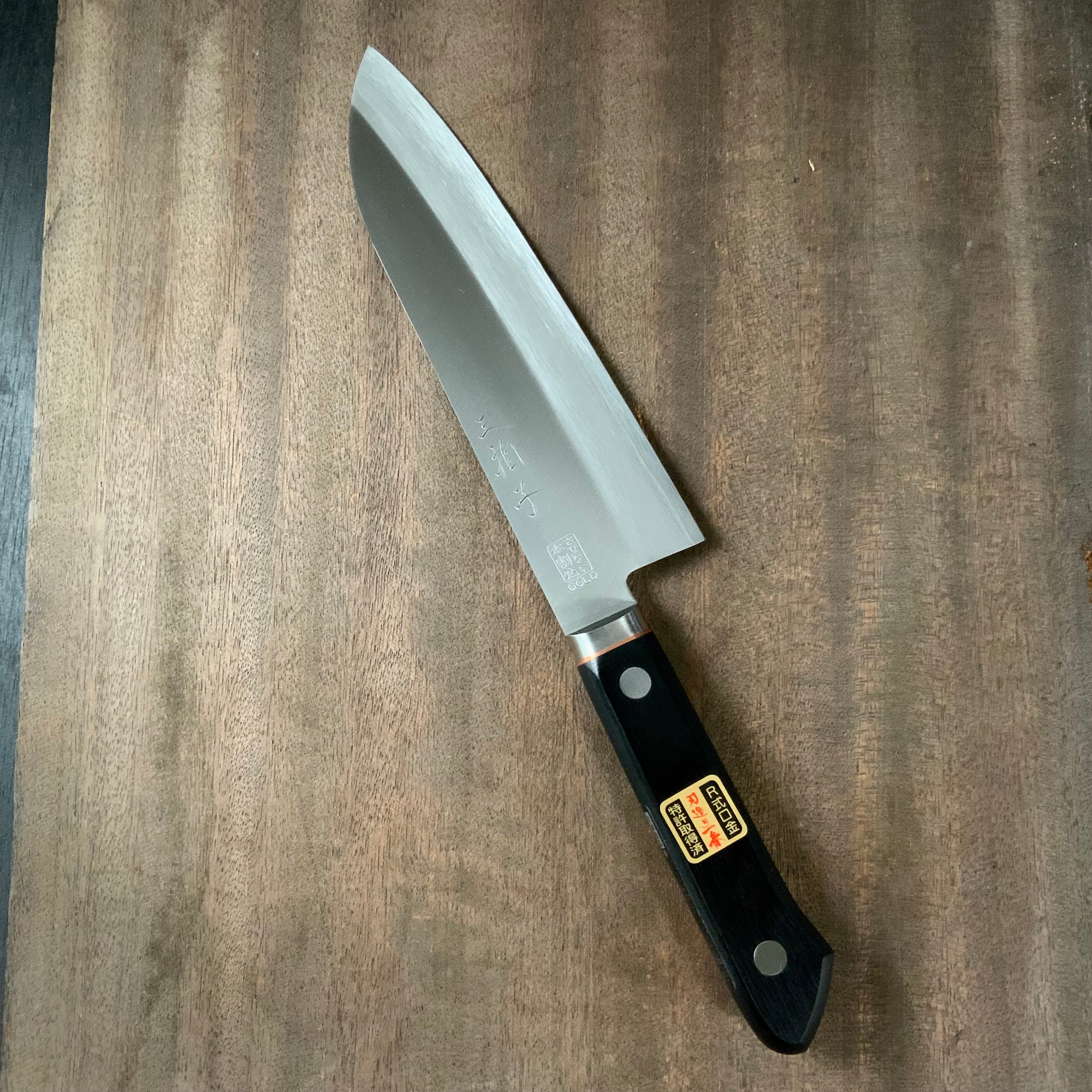 Sanbyoushi Santoku knife with main interrupt stainless steel cladding 三拍子V金1号 口金付 本割込 三徳 165mm