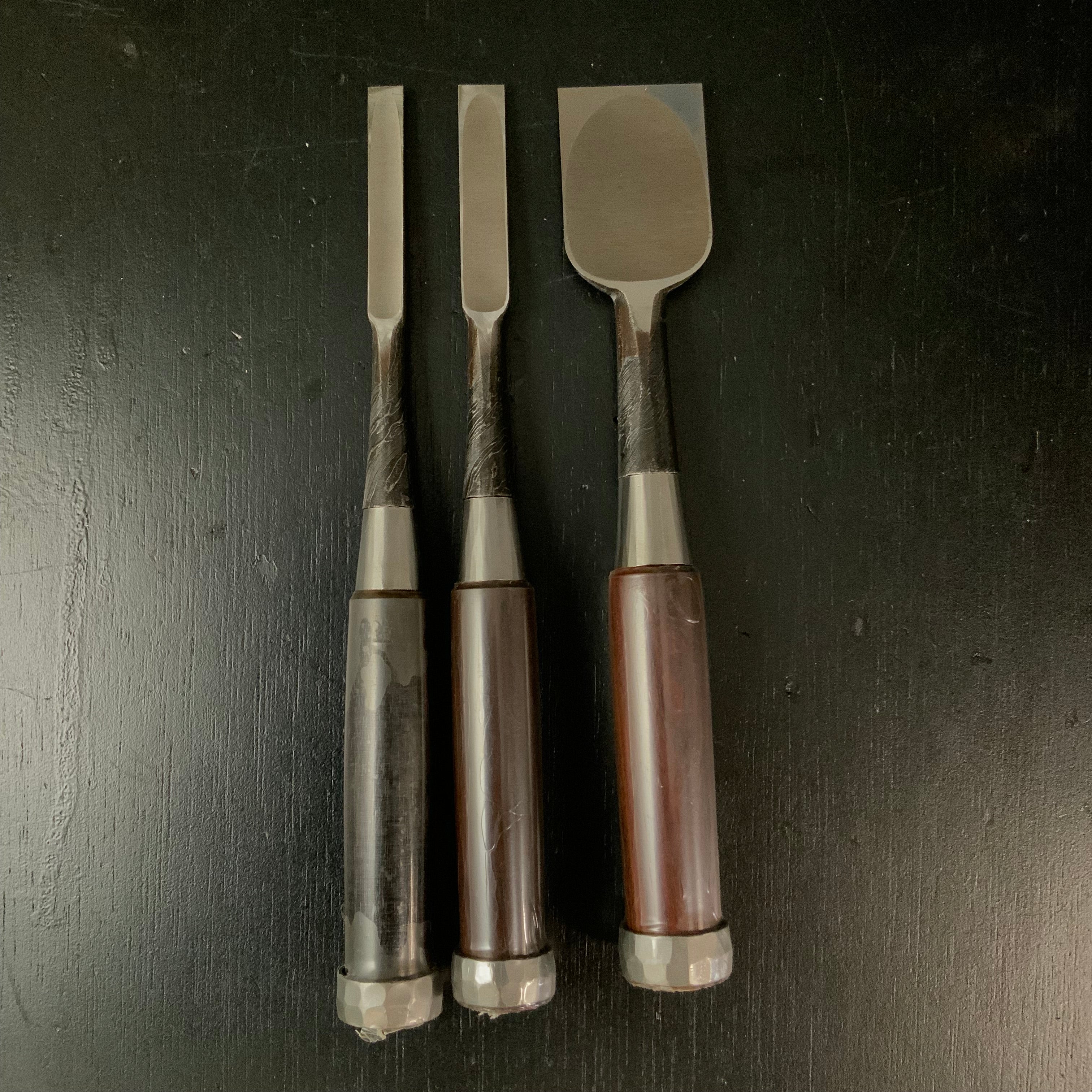 Tasai Mokume Special Bench chisels with blackwood Handle 田斎作 木目 追入鑿 黒檀柄