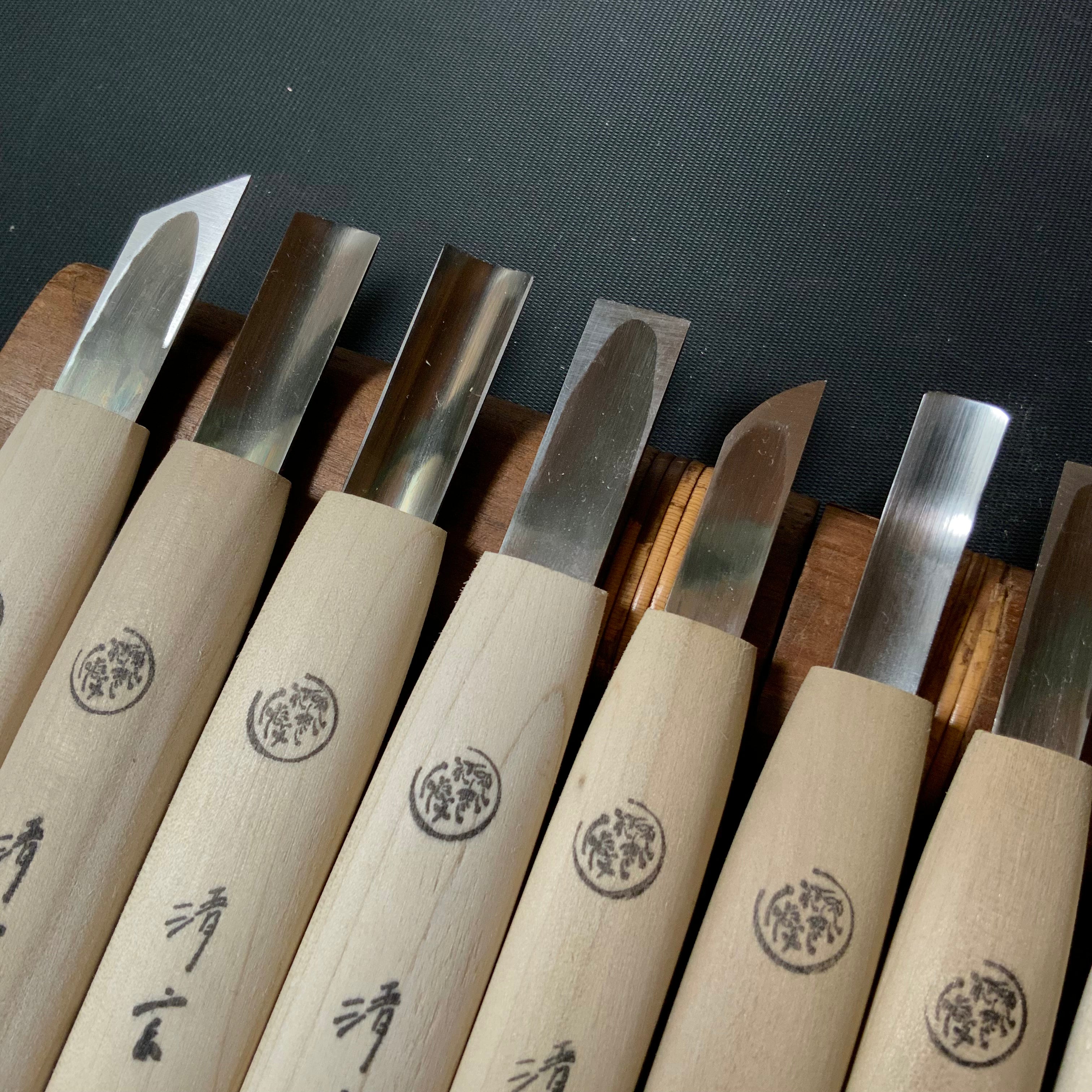 Kan Carving chisels set with Super Blue steel by Chousei 冠 彫刻刀15本組 彫清作 青紙スーパー鋼 Chokokuto