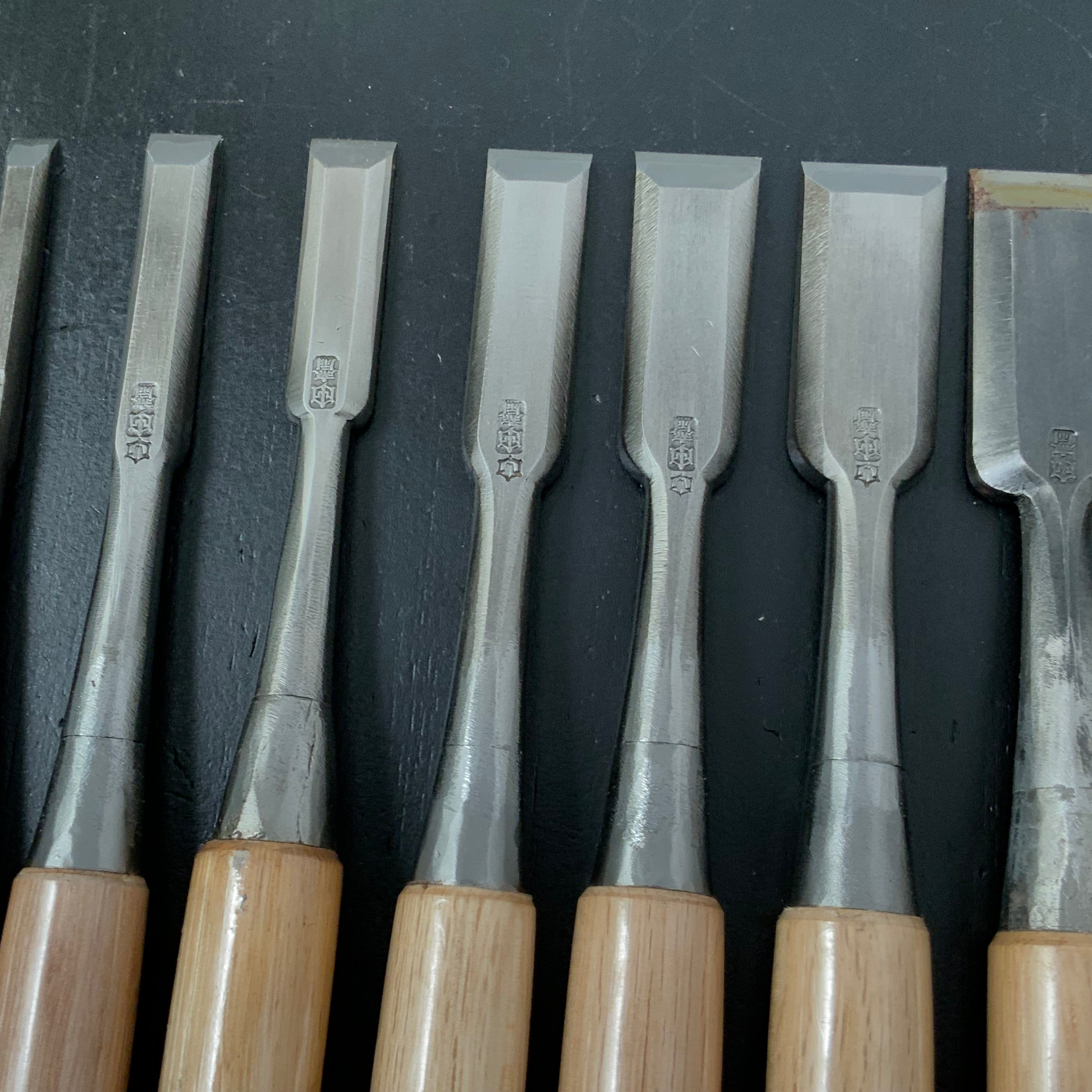 Old Stock Tasai Special Bench chisels (Oirenomi) with blue steel 掘出し物 田斎作 磨き仕上 追入鑿