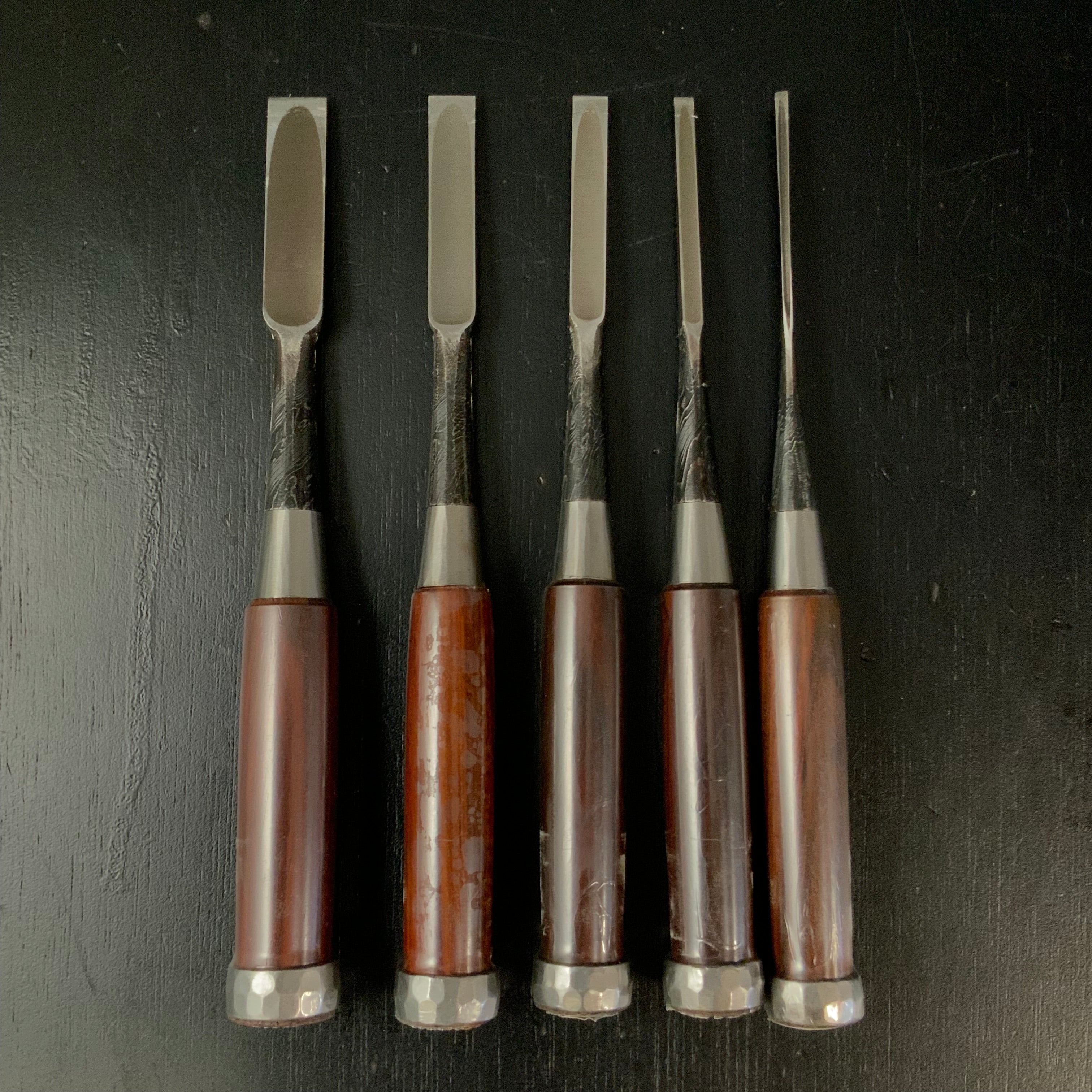 Tasai Mokume Special Bench chisels set with Rosewood handle 田斎作 木目造り 追入組鑿 5本組 紫檀柄