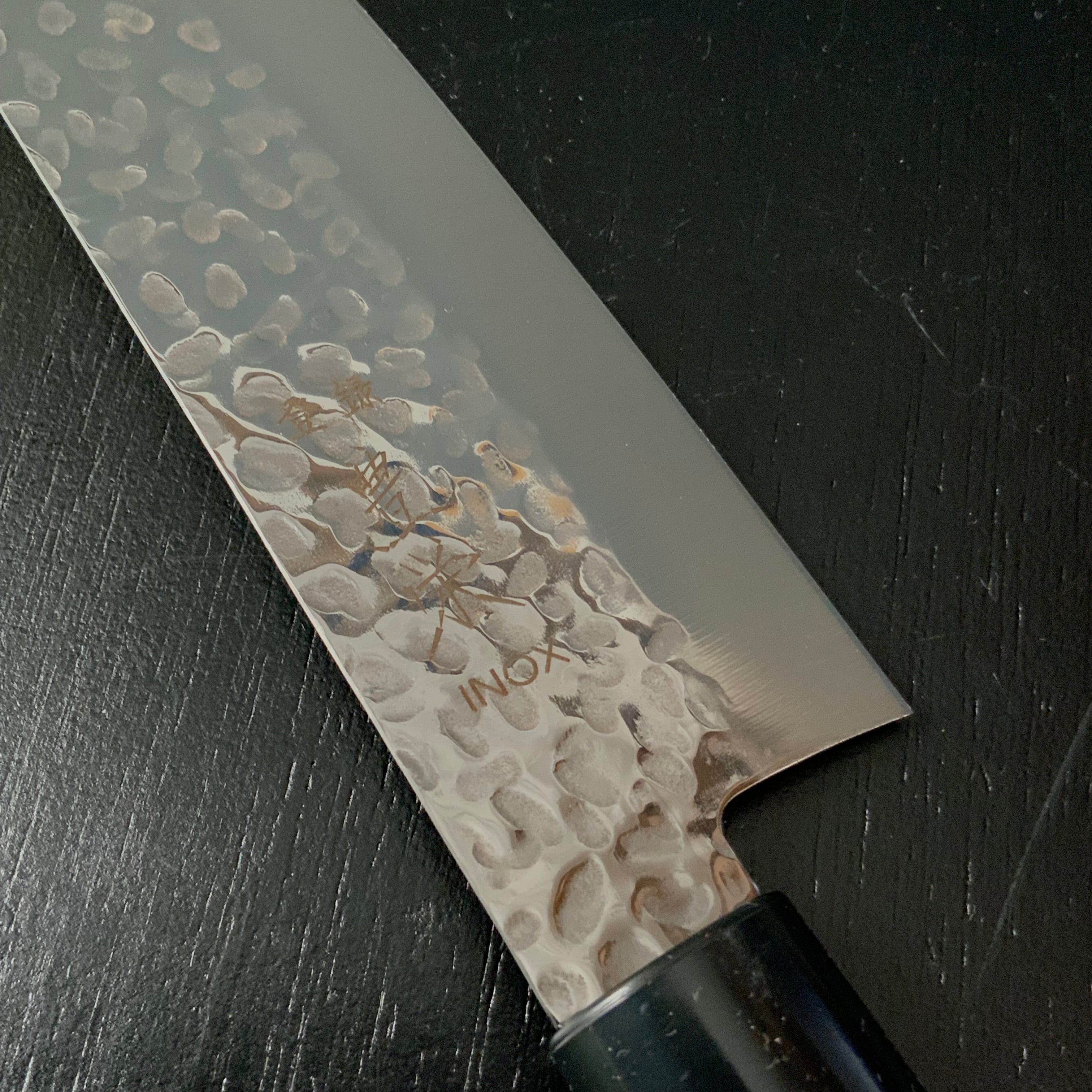 Houei INOX Chef knife Santoku brown plywood with rounded edges 豊榮 INOX 鎚目 茶合板丸柄 三徳 170mm