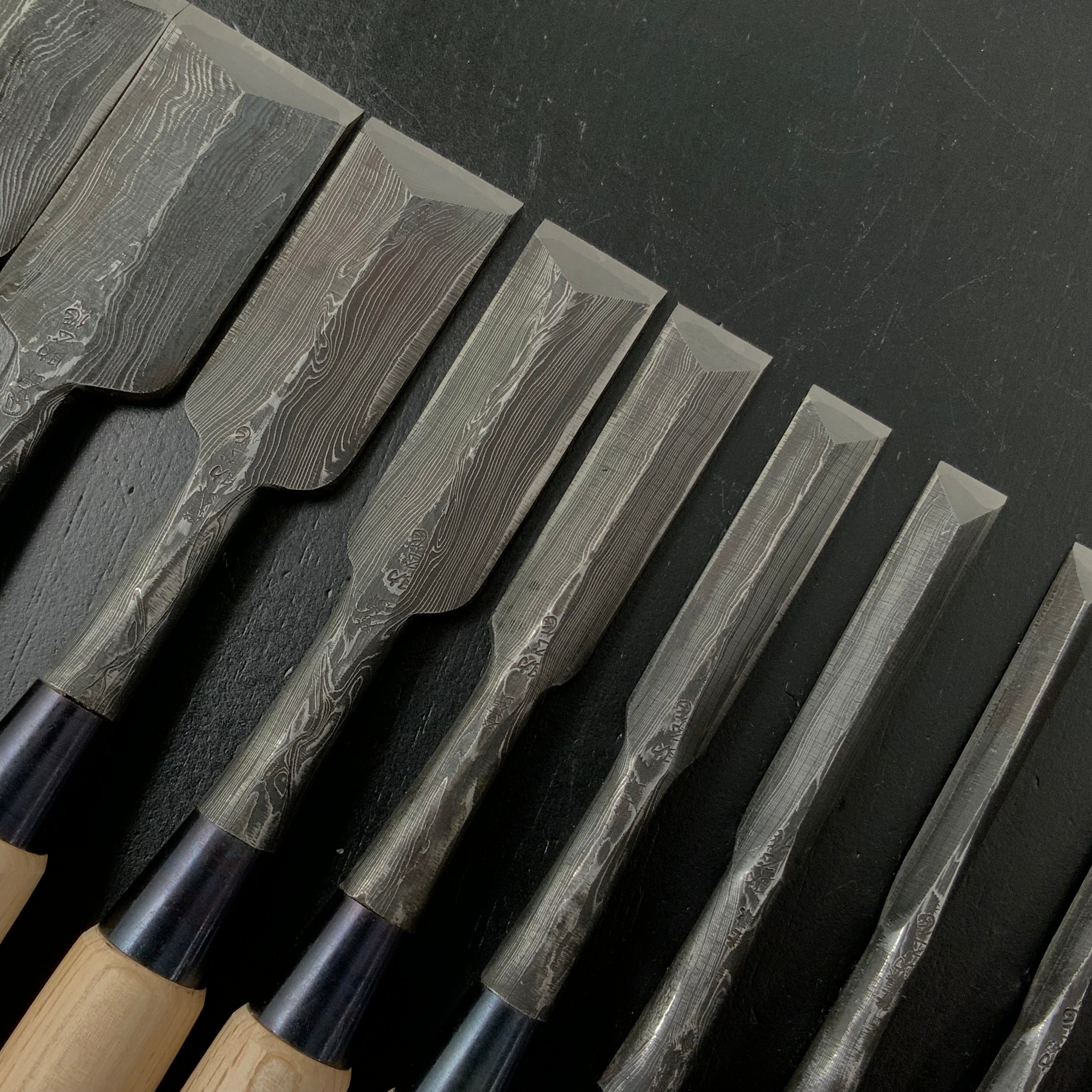 #2 Sukemasa Suminagashi Dovetail Bench chisels set Japanese white oak Handle 助正 墨流し 鎬追入組鑿 白樫柄 Shinoginomi