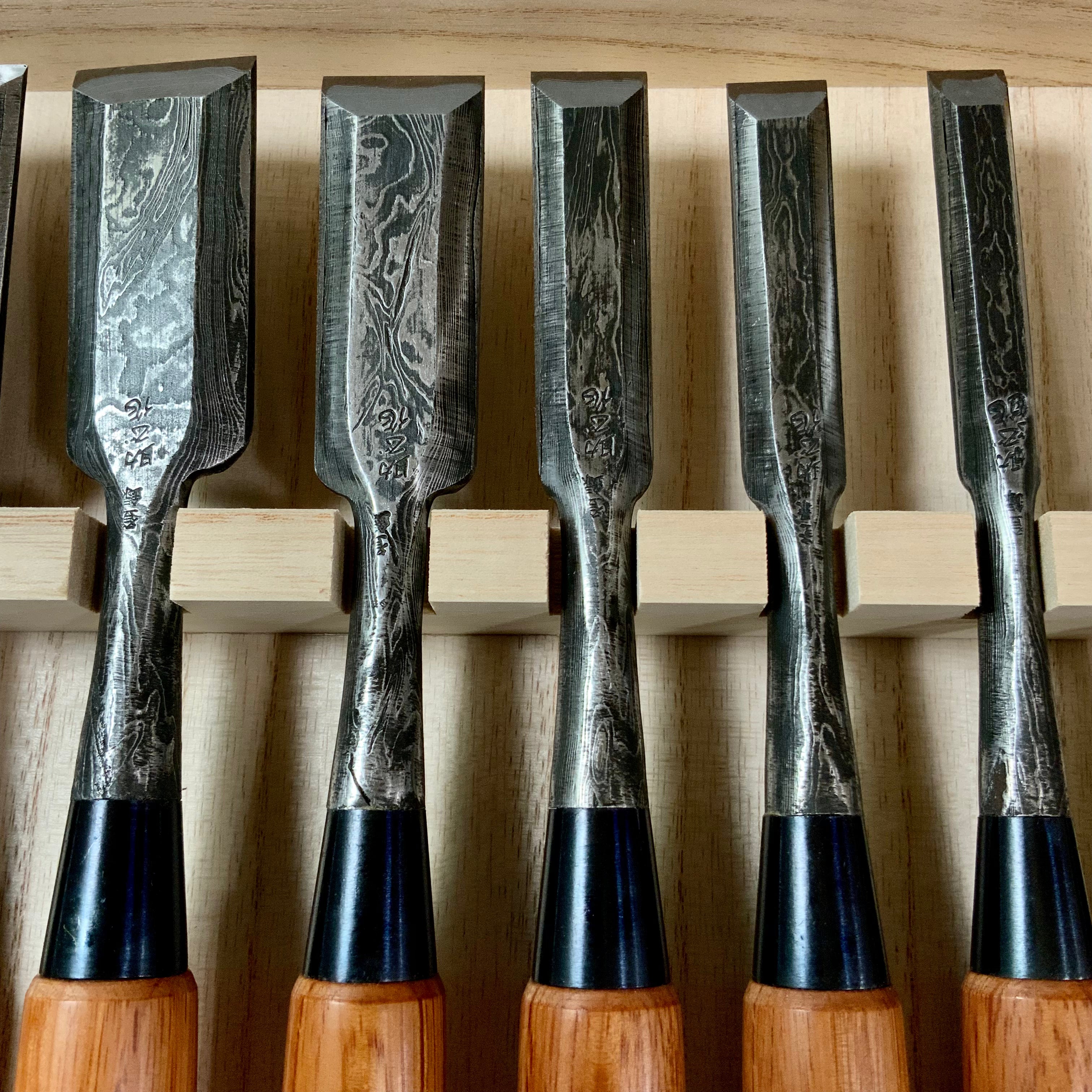 Sukemasa Suminagashi Bench chisels set with White steel 助正 墨流し 追入組鑿 白紙鋼 Oirenomi