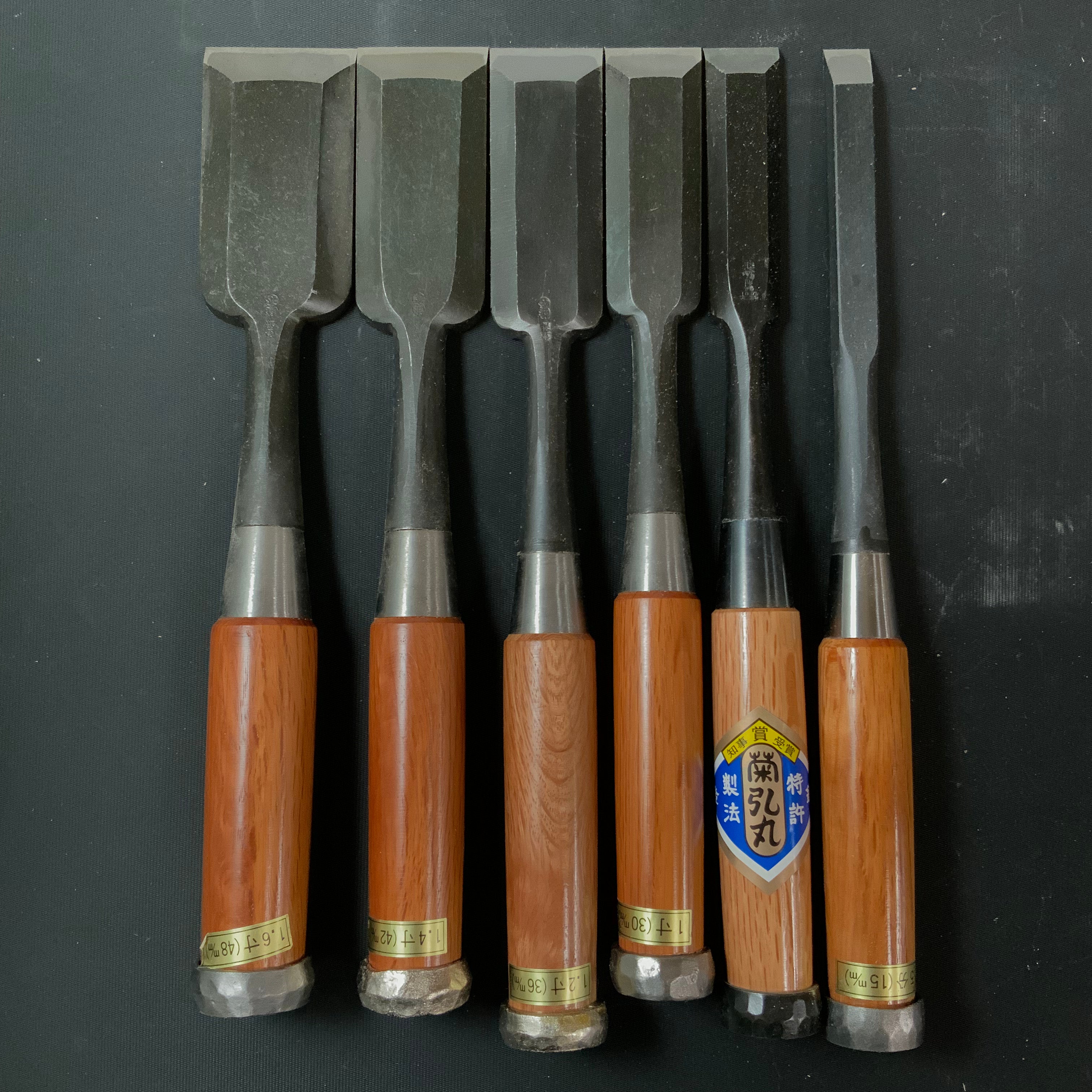 Mixed tinber chisels set Koshitaka and kikuhiromaru with White Steel 越孝・是弘 厚鑿 六本組 Atsunomi