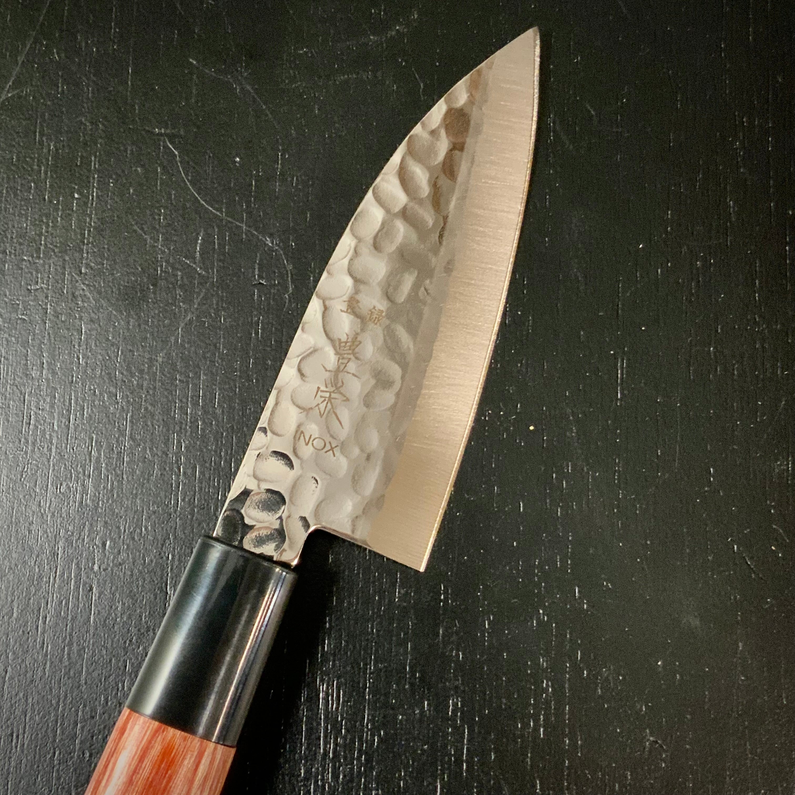 Houei INOX Chef knife Kodeba brown plywood with rounded edges / 豊榮 INOX 鎚目 茶合板丸柄 小出刄 105mm