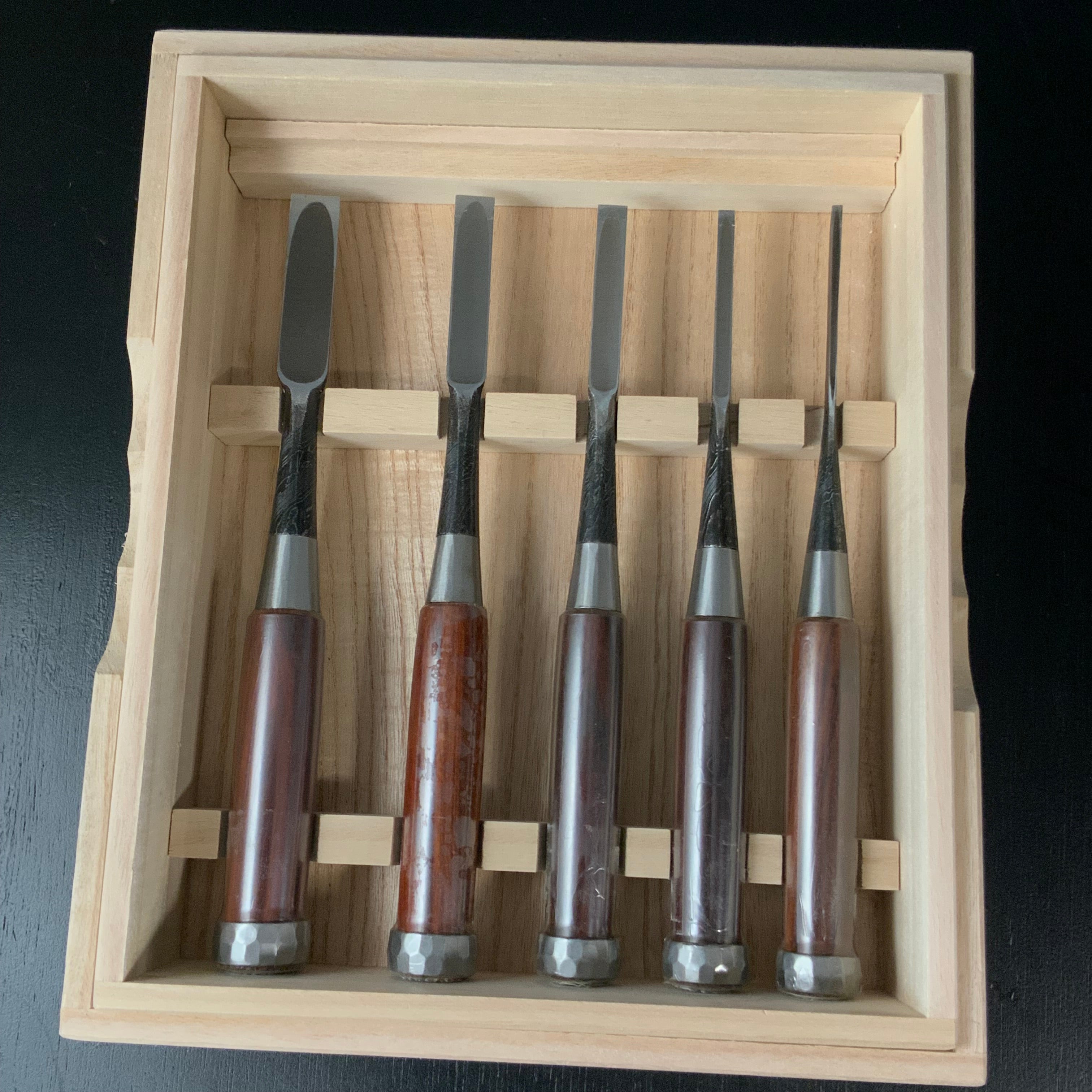 Tasai Mokume Special Bench chisels set with Rosewood handle 田斎作 木目造り 追入組鑿 5本組 紫檀柄