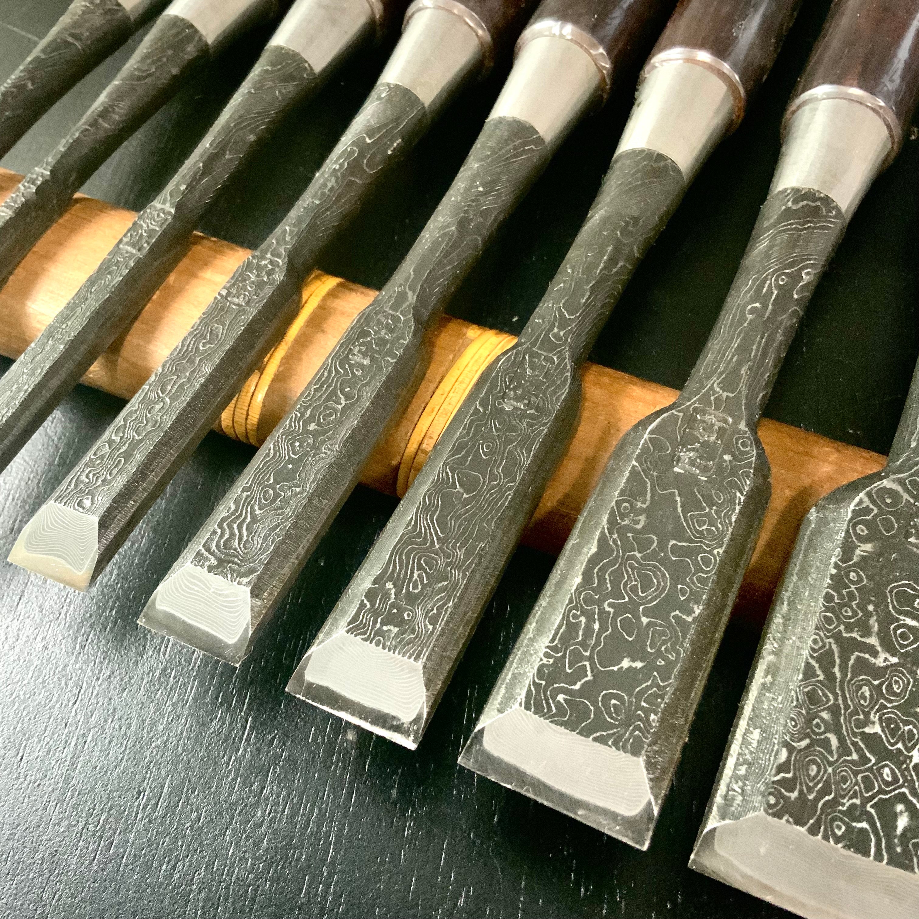 Tasai Mokume Special Bench chisels set with Rosewood handle 田斎作 木目造り 追入組鑿 10本組 紫檀柄