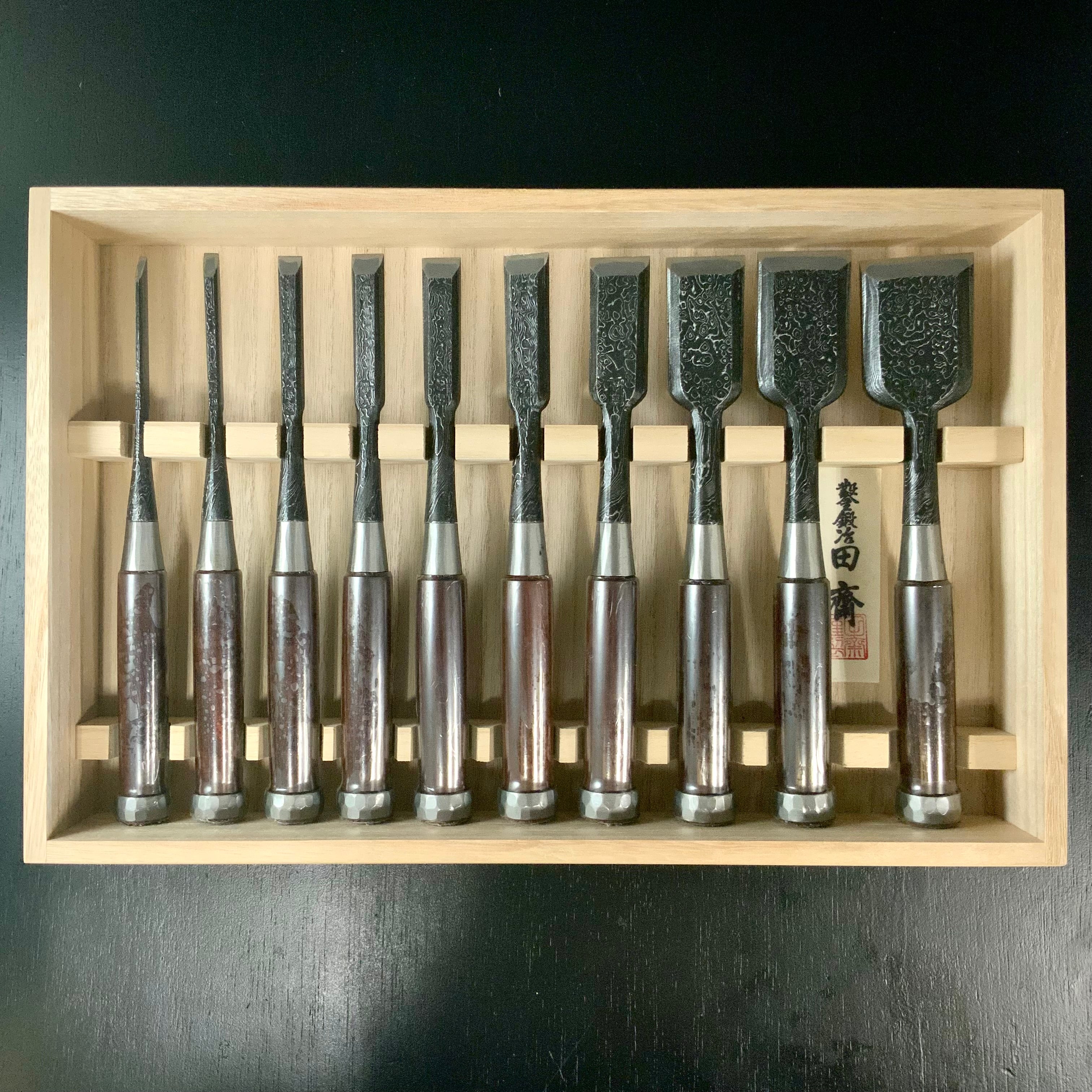 Tasai Mokume Special Bench chisels set with Rosewood handle 田斎作 木目造り 追入組鑿 10本組 紫檀柄