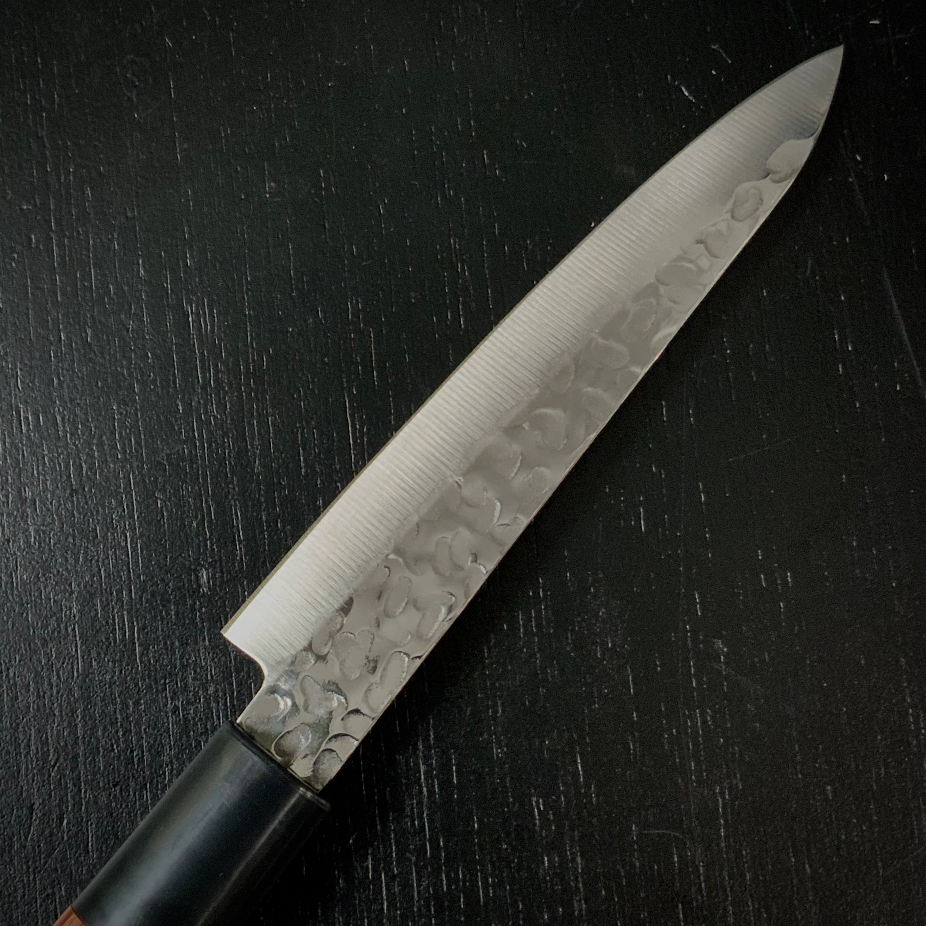 Houei INOX Chef Petit knife Satoru brown plywood with rounded edges / 豊榮 INOX 鎚目 茶合板丸柄 ペティ 120mm