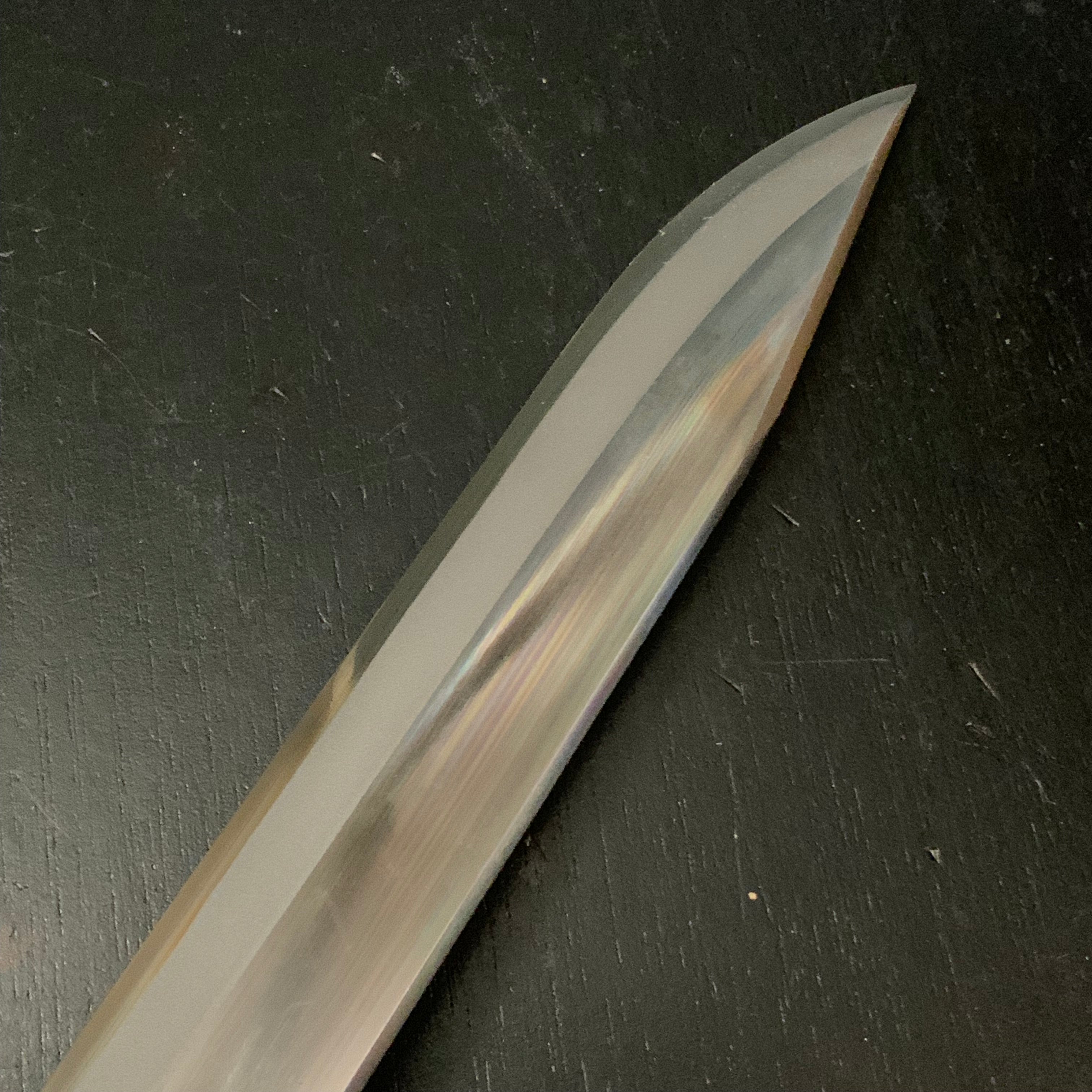 Masayuki Double edged Nata with Blue steel Polishing Finish #3 晶之作 剣鉈 両刃 磨き仕上げ 黒槌目 木鞘入