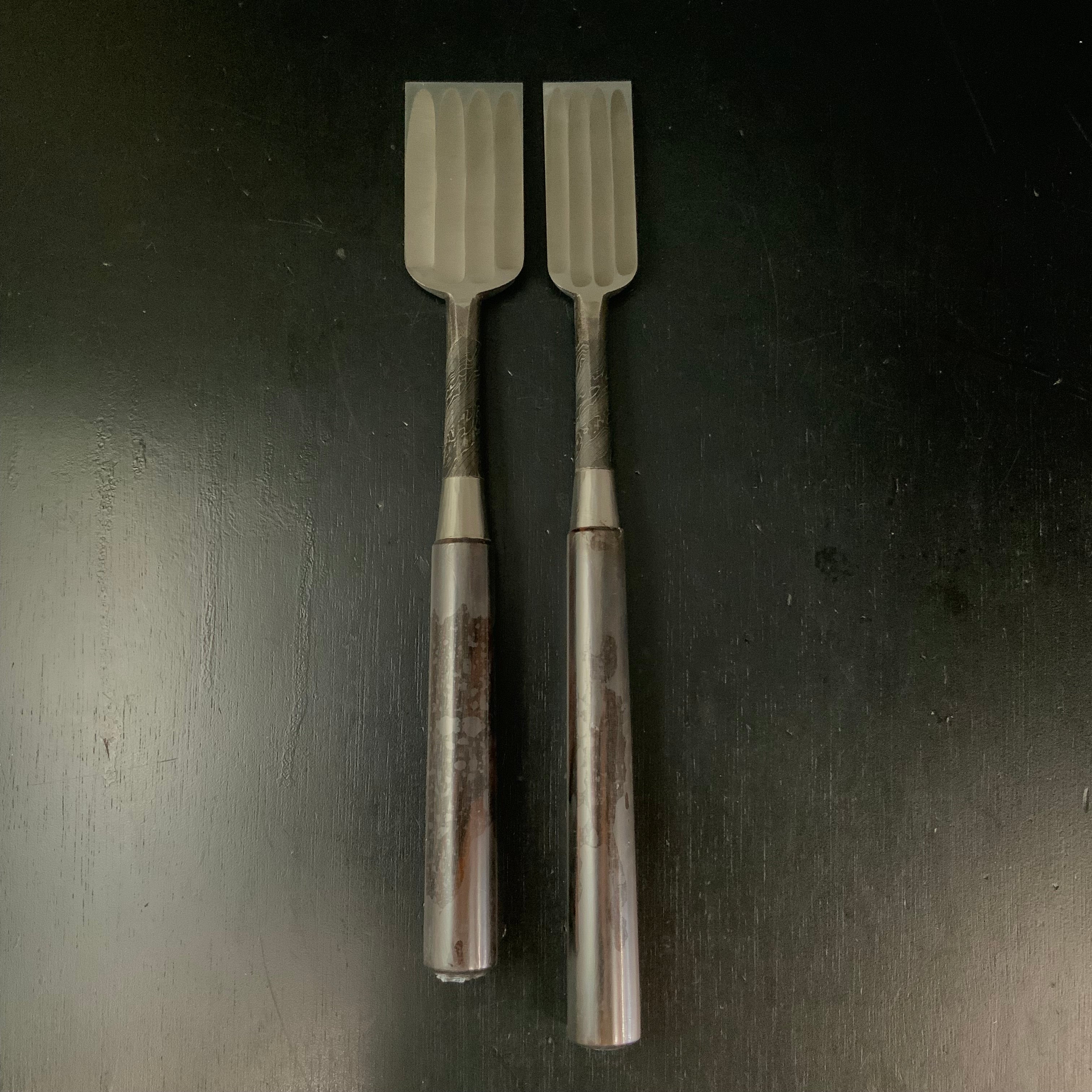Tasai Mokume Special Paring chisels (Usunomi) with blue steel blackwood Handle 田斎作 木目 薄鑿 四つ裏 黒檀柄