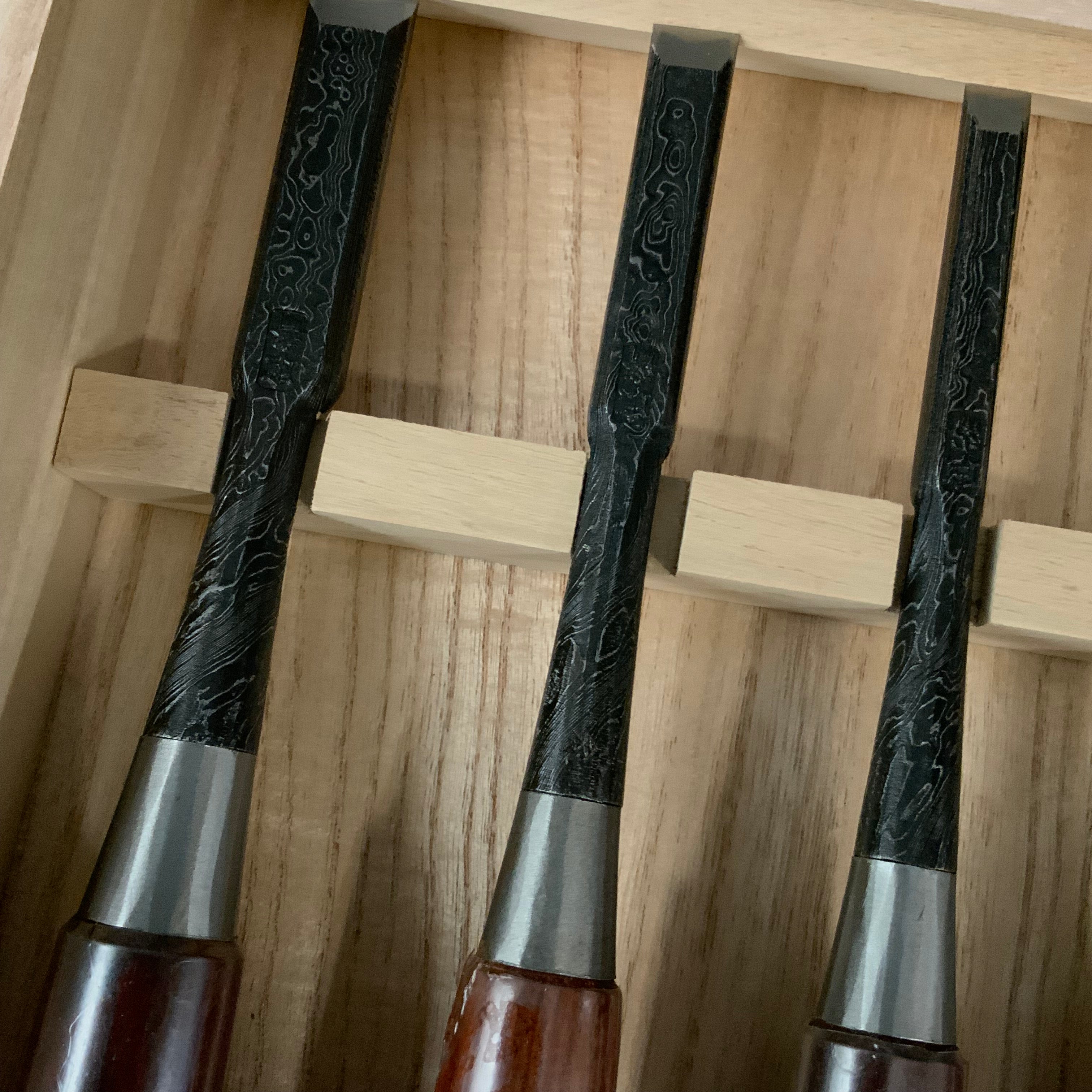 Tasai Mokume Special Bench chisels set with Rosewood handle 田斎作 木目造り 追入組鑿 5本組 紫檀柄