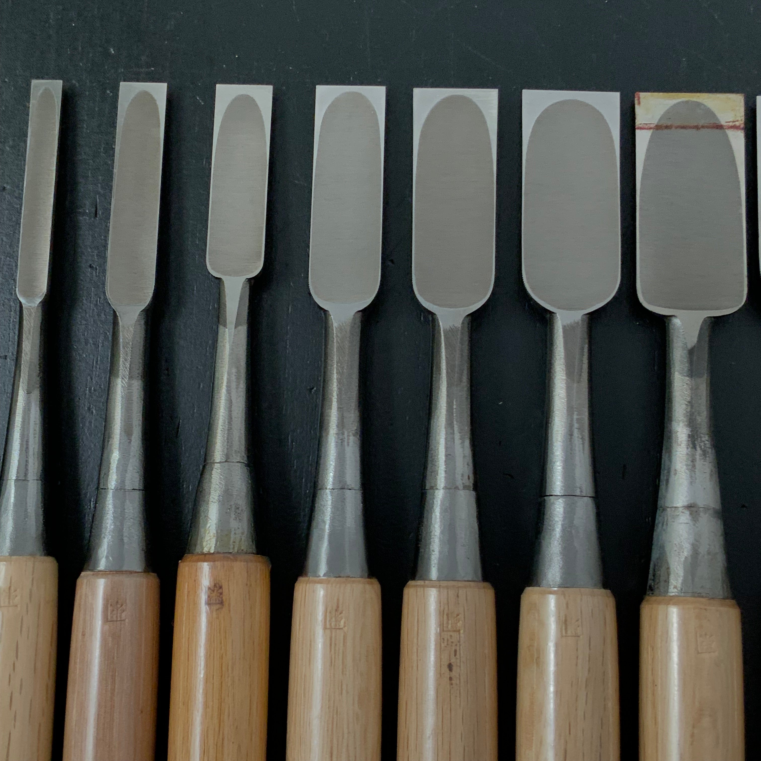 Old Stock Tasai Special Bench chisels (Oirenomi) with blue steel 掘出し物 田斎作 磨き仕上 追入鑿