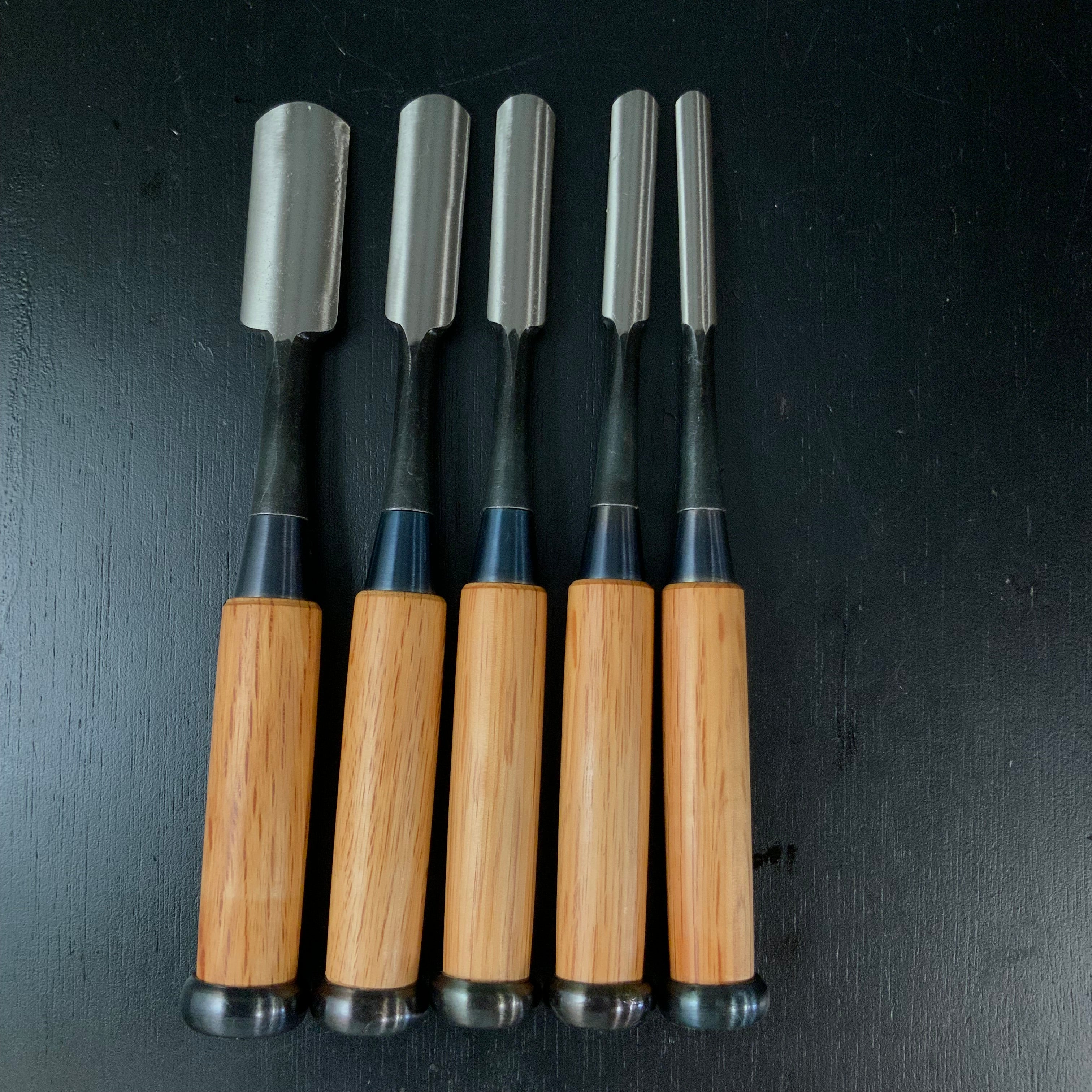 Unknown Soto maru chisels set with White steel 作者不明 外丸組鑿 5本組 Sotomarunomi