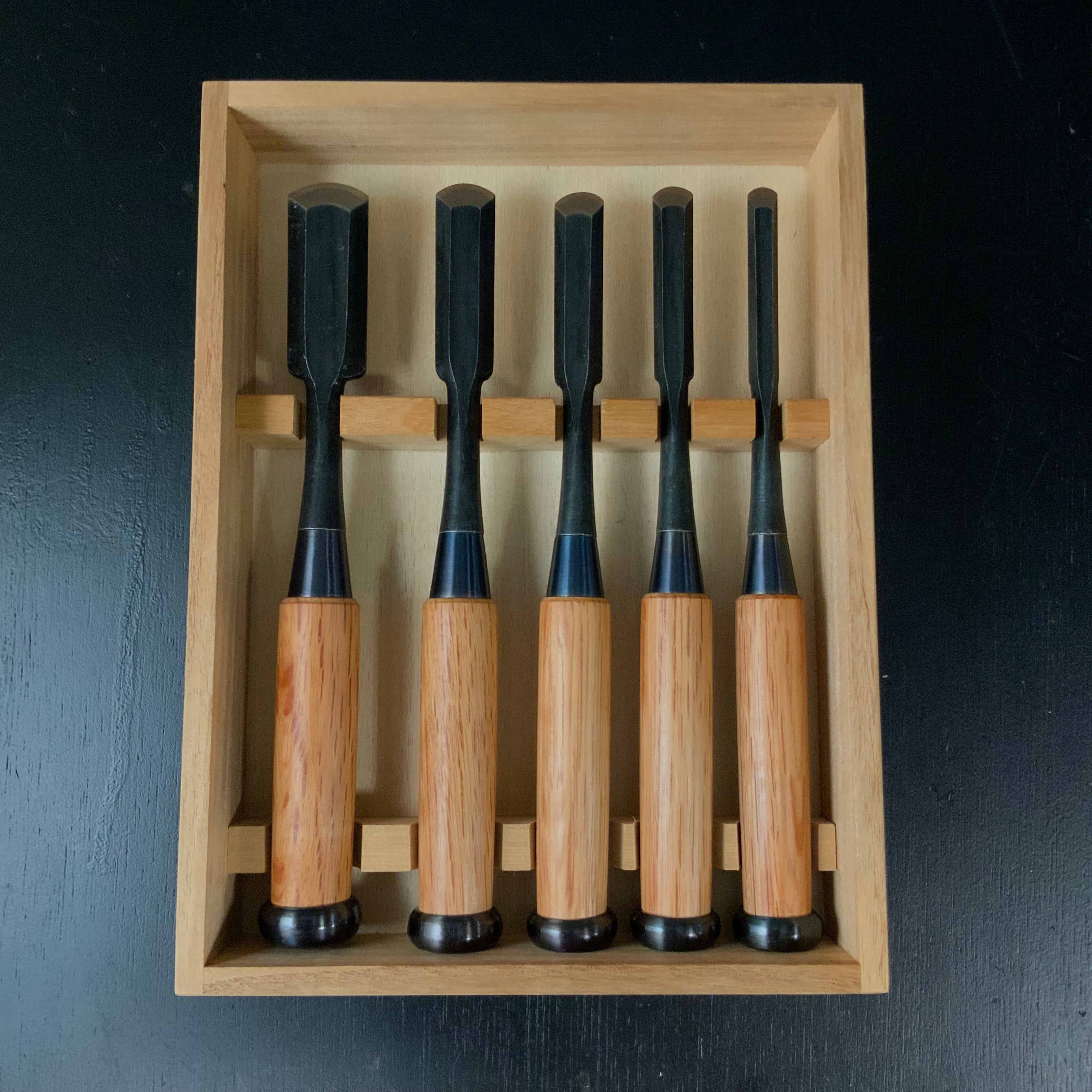Unknown Soto maru chisels set with White steel 作者不明 外丸組鑿 5本組 Sotomarunomi