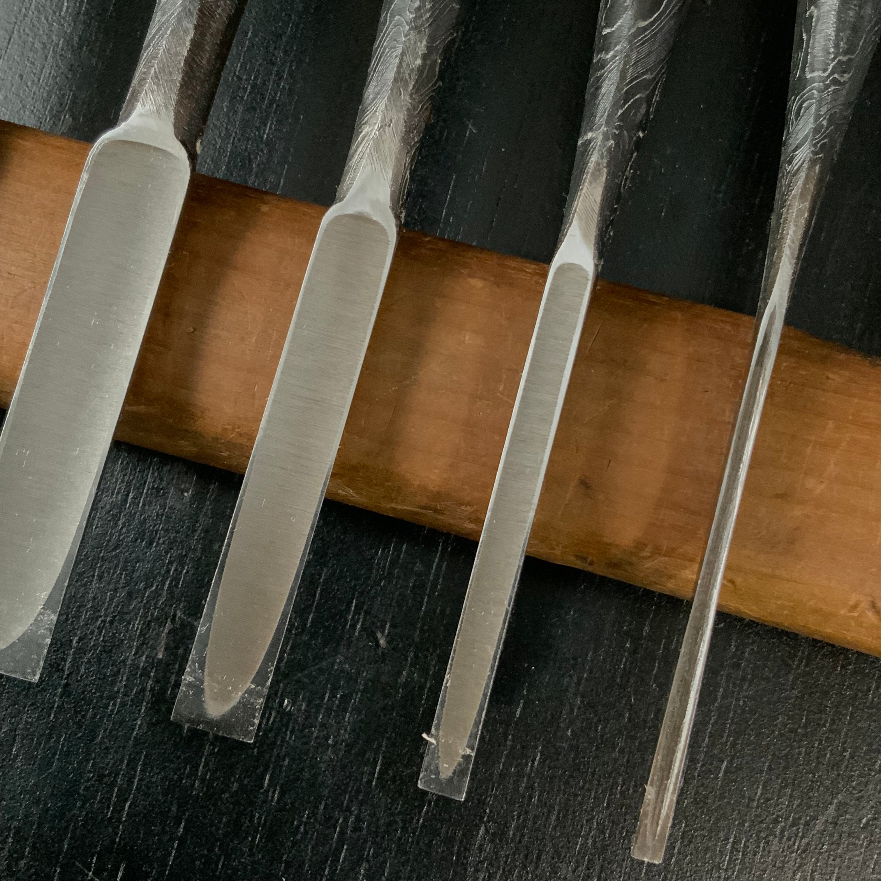 Tasai Mokume Special Bench chisels set with Rosewood handle 田斎作 木目造り 追入組鑿 5本組 紫檀柄