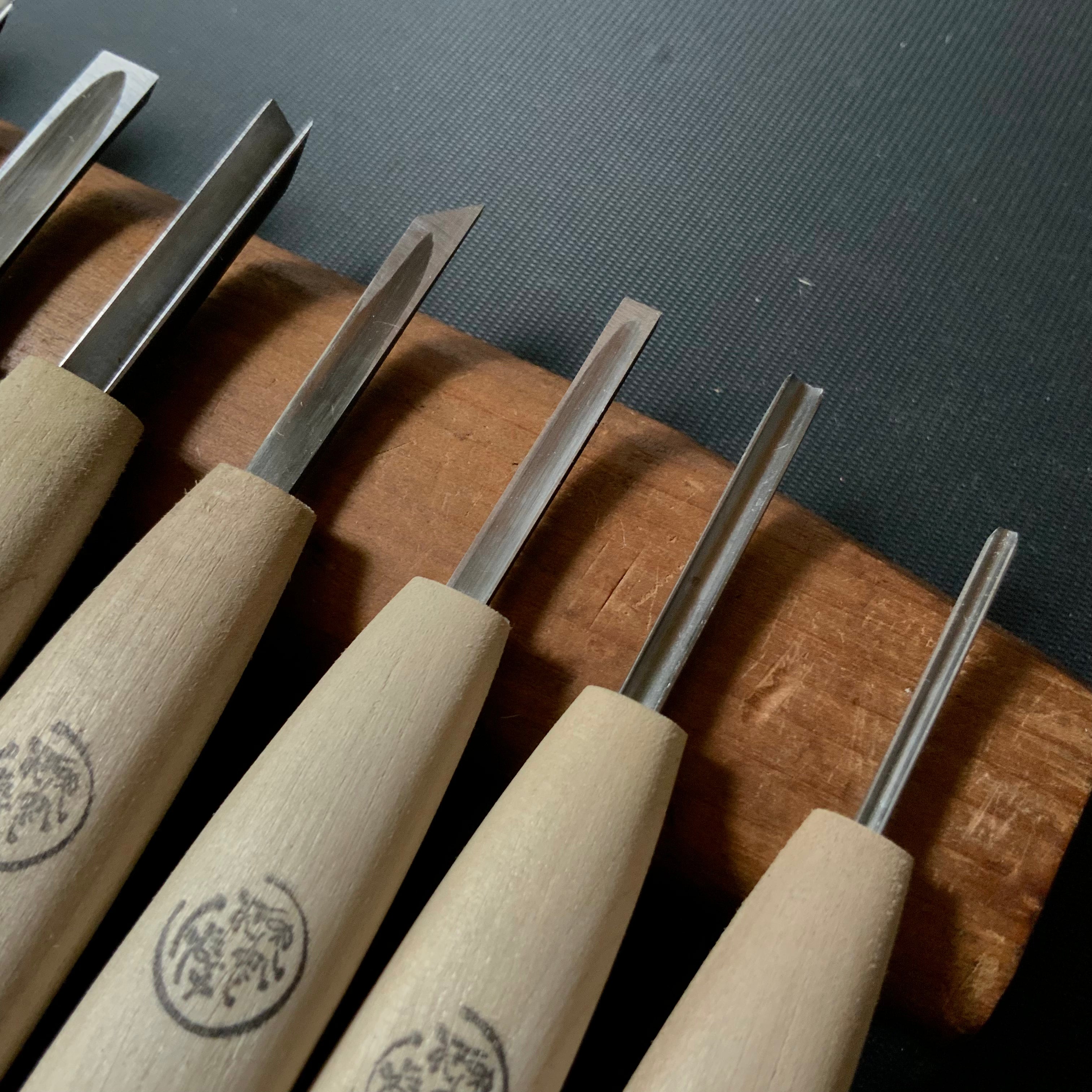 Kan Carving chisels set with Super Blue steel by Chousei 冠 彫刻刀15本組 彫清作 青紙スーパー鋼 Chokokuto