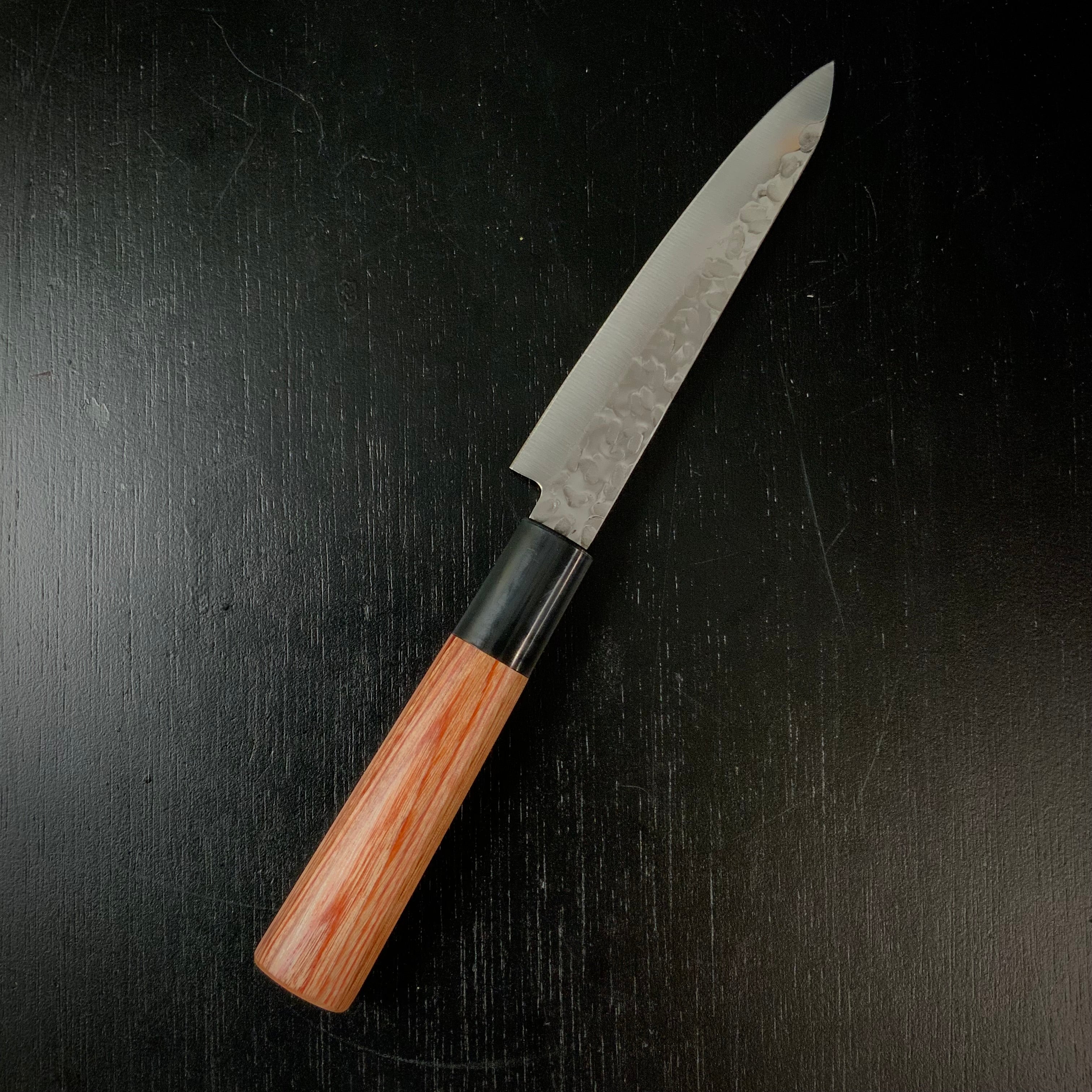 Houei INOX Chef Petit knife Satoru brown plywood with rounded edges / 豊榮 INOX 鎚目 茶合板丸柄 ペティ 120mm