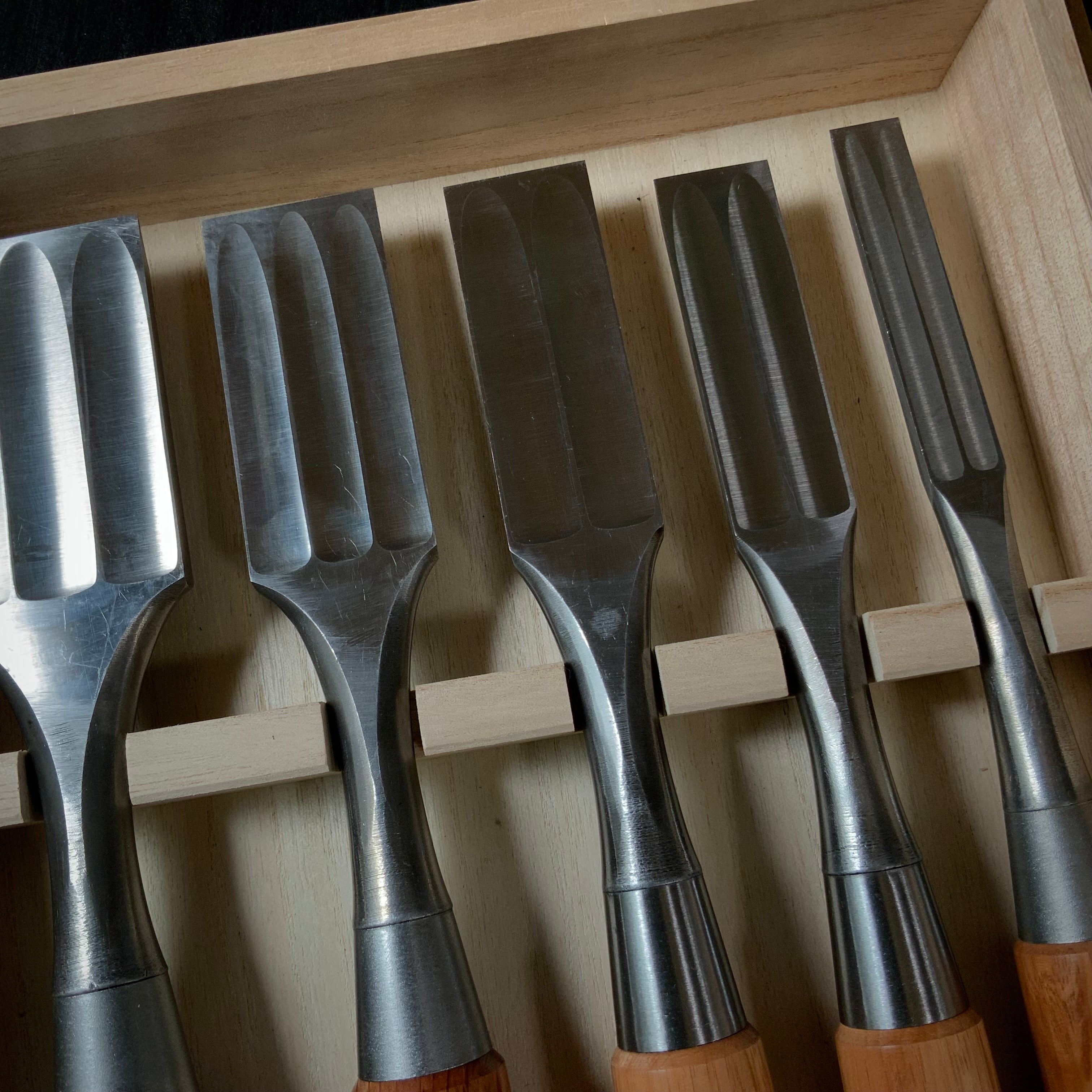 Old stock Sukemaru 3rd Damekiri chisels set with Triple ura 掘出し物 三代助丸作 碓氷金三郎氏 ダメ切り5本組鑿 Damekirinomi