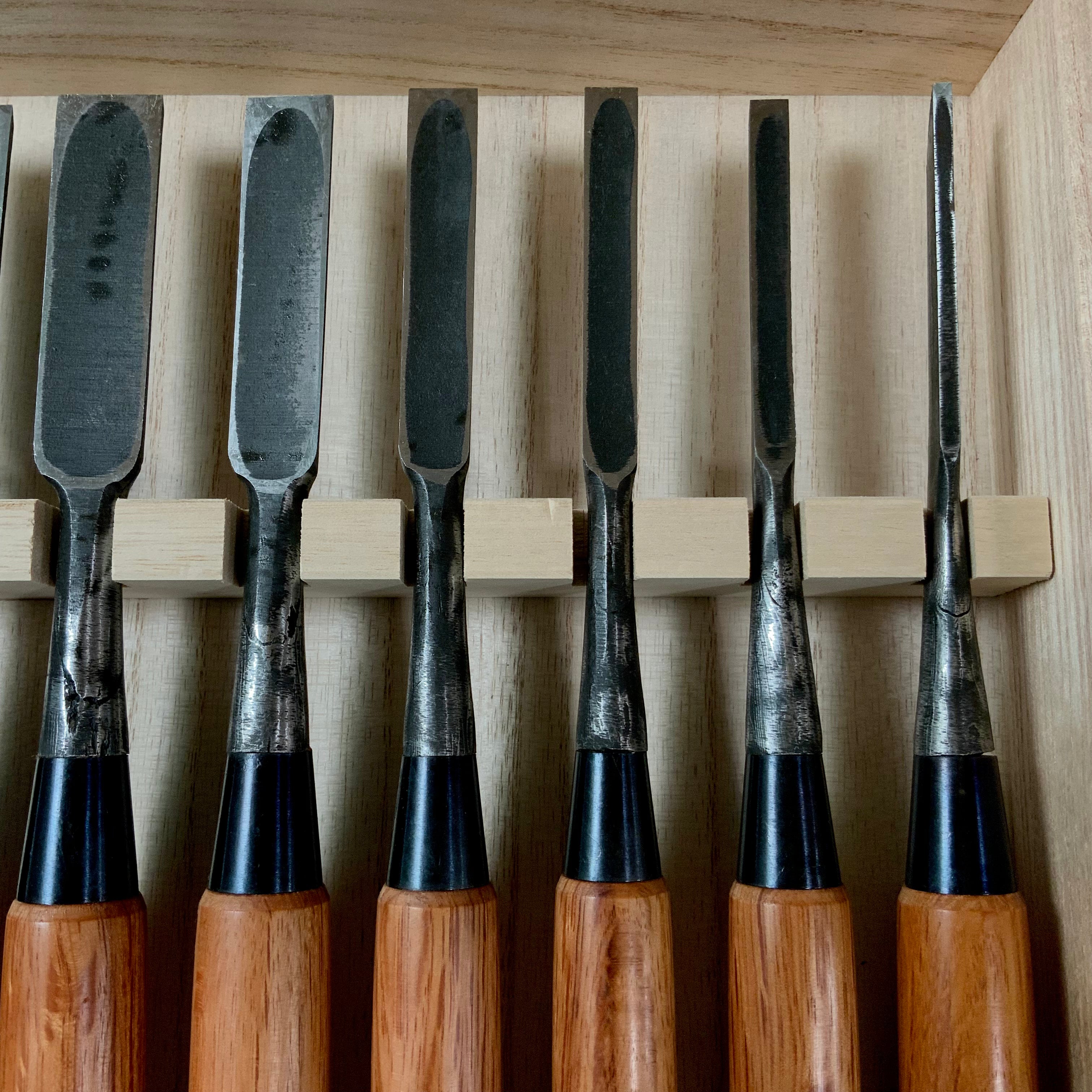 Sukemasa Suminagashi Bench chisels set with White steel 助正 墨流し 追入組鑿 白紙鋼 Oirenomi