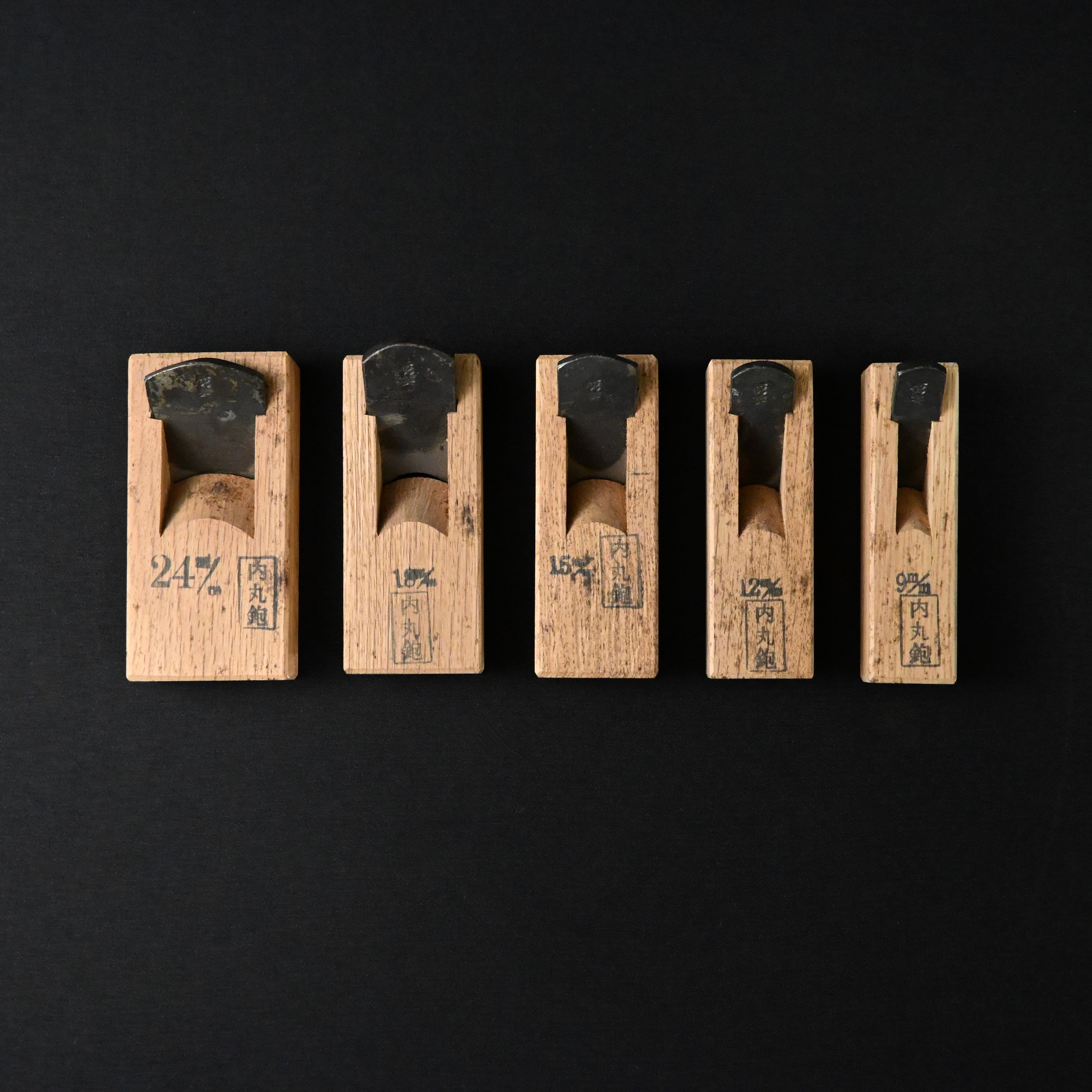掘出し物 悦英 極豆内丸組鉋 5本組. Old stock Etsuei Mini Round Plane set (Uchimaru) 5pc