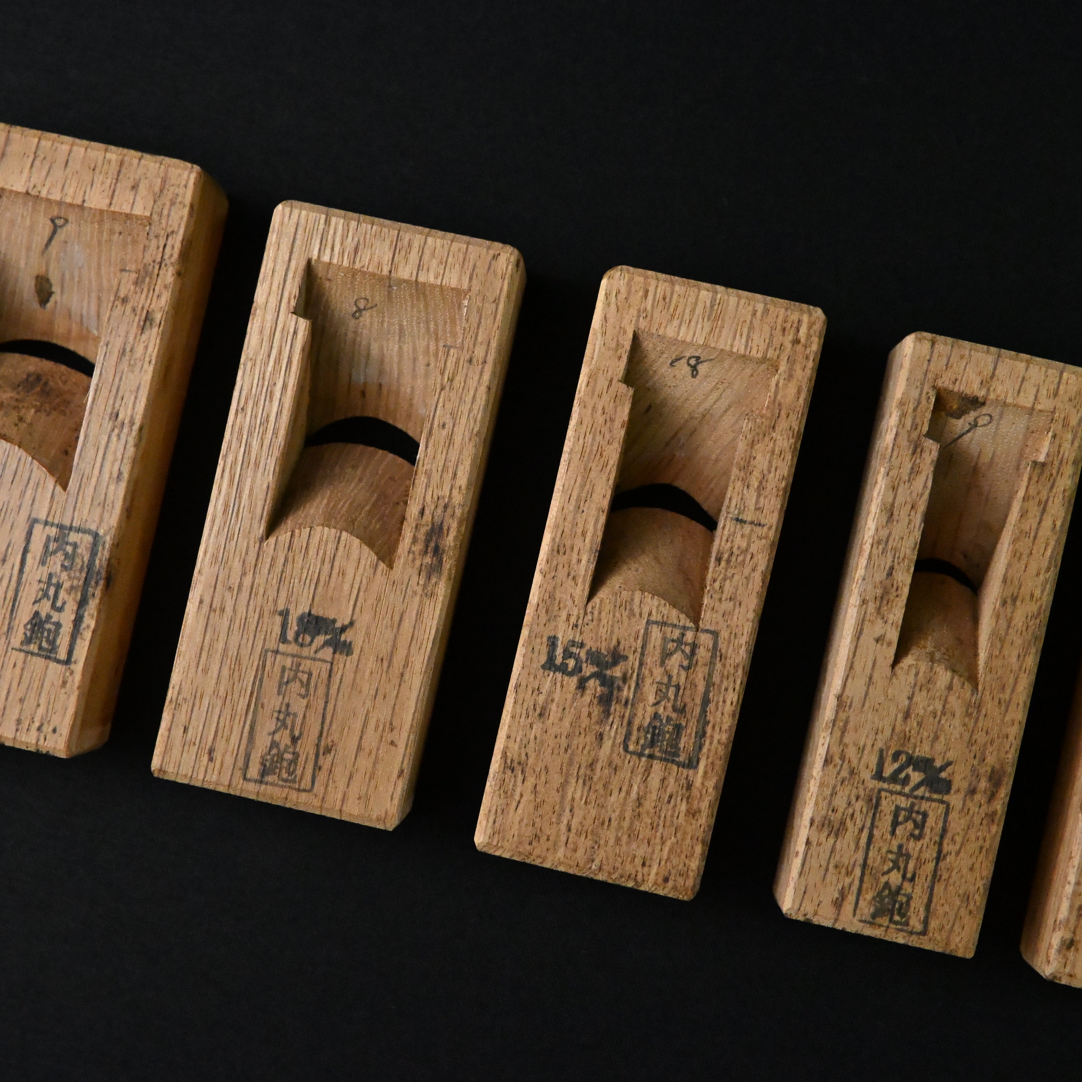 掘出し物 悦英 極豆内丸組鉋 5本組. Old stock Etsuei Mini Round Plane set (Uchimaru) 5pc
