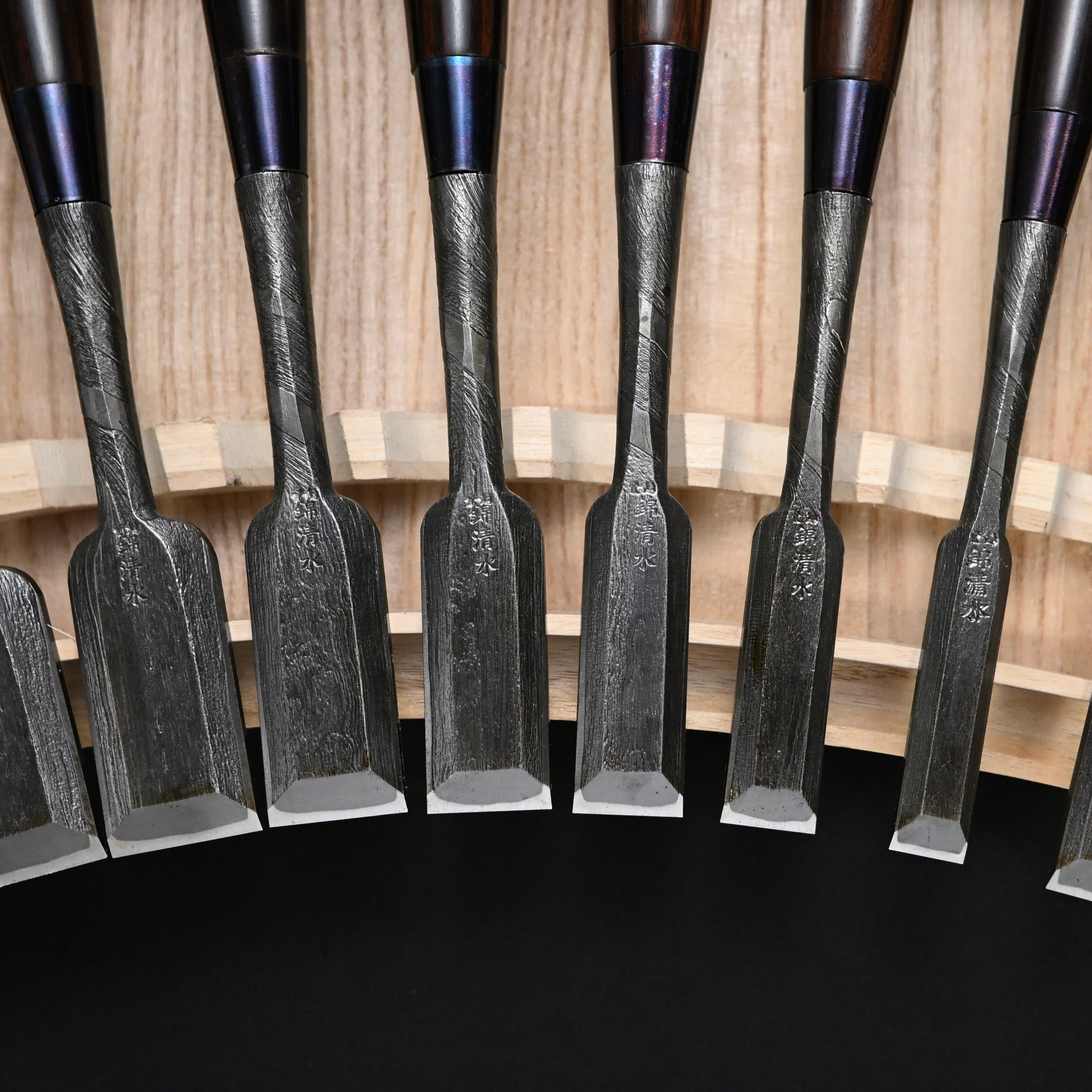 錦清水 木目打捻り 追入組鑿 15本組 Rare stock Nishiki Kiyomi Mokume Bench Chisels 15pc set