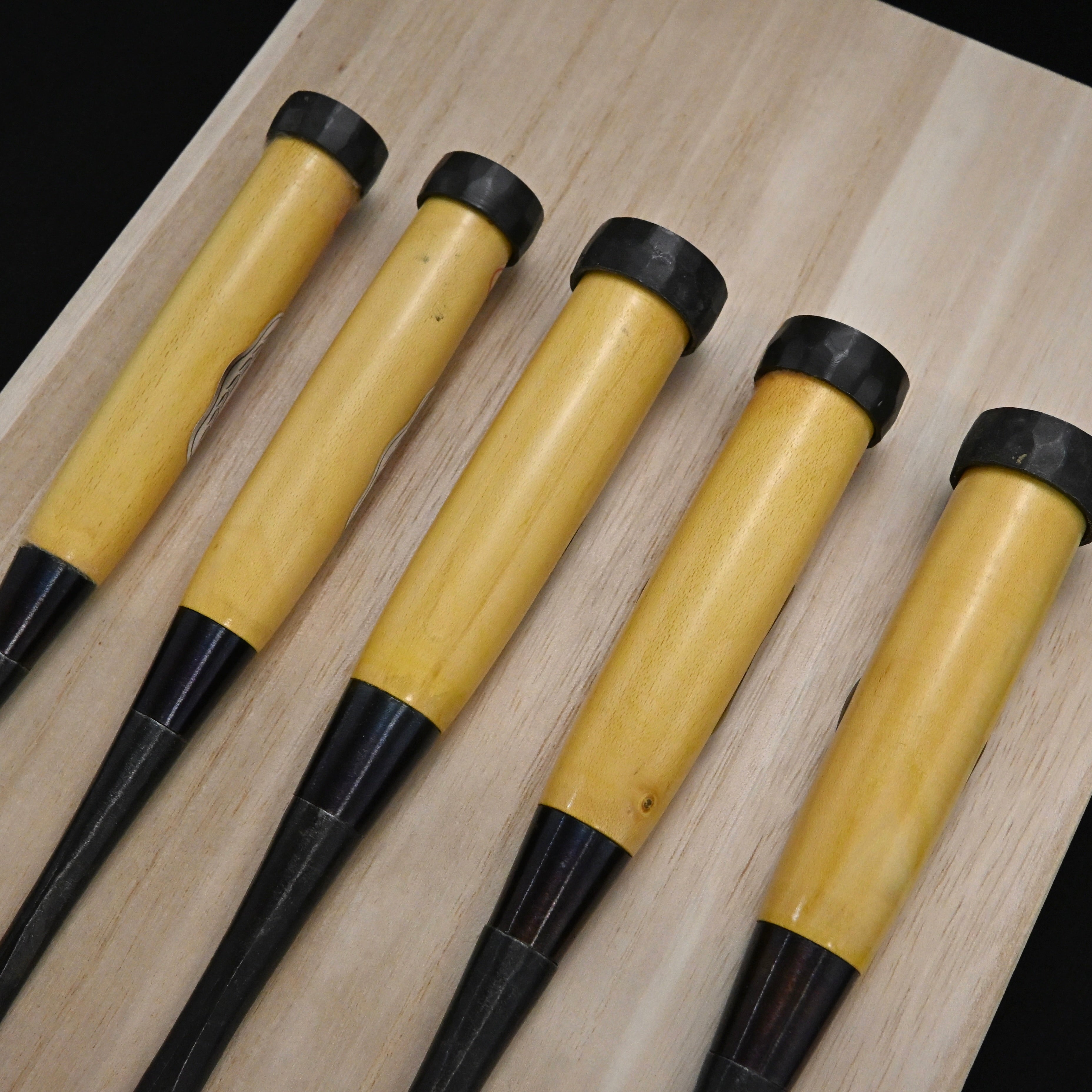 #9掘出し物 錦清水 鑿5本セット グミ柄 Rare Stock Nishiki Kiyomi Chisels Set 5pc with Gumi Handle