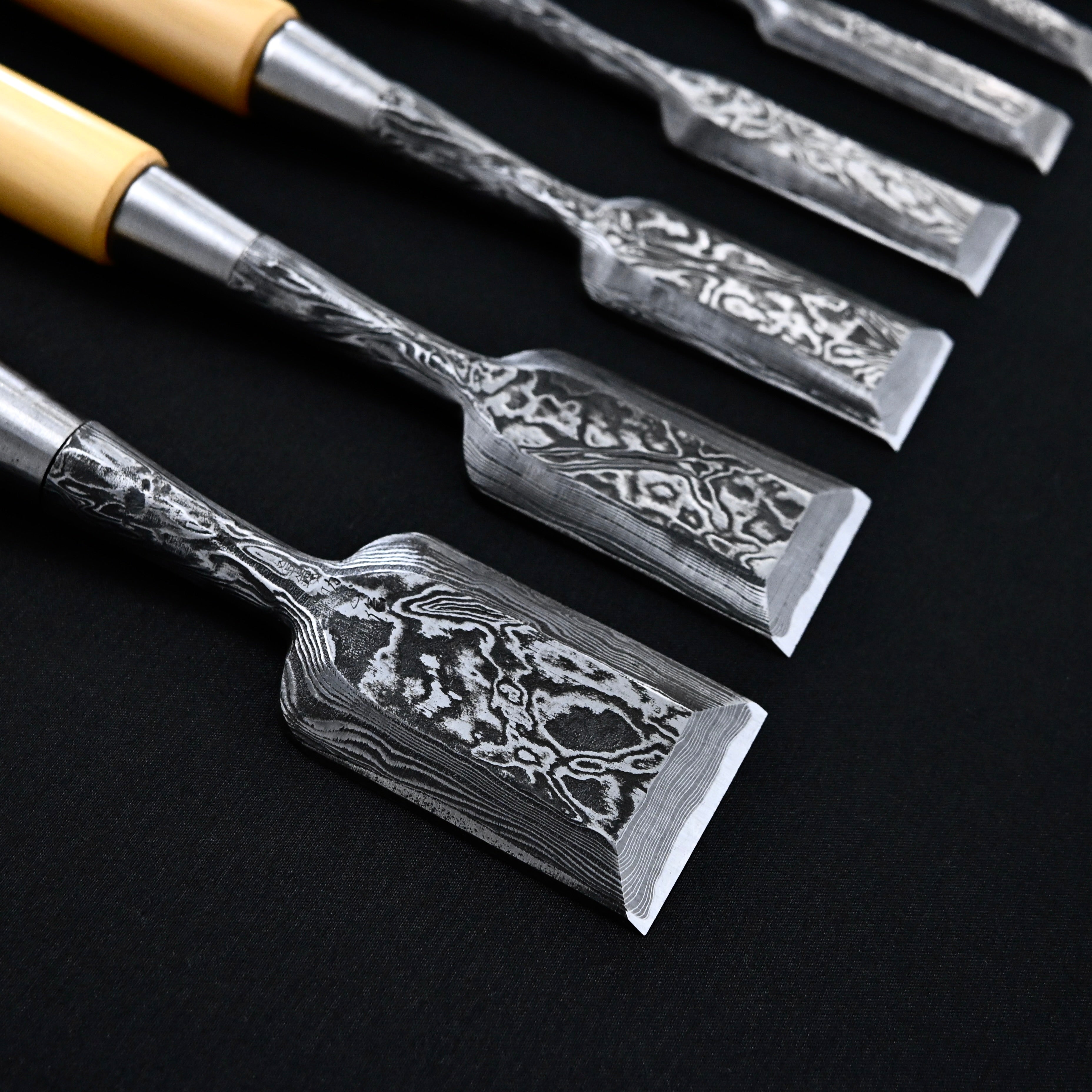 Sukemasa Suminagashi Bench chisels set with Box wood Handles 助正 墨流し 追入組鑿 柘植柄付