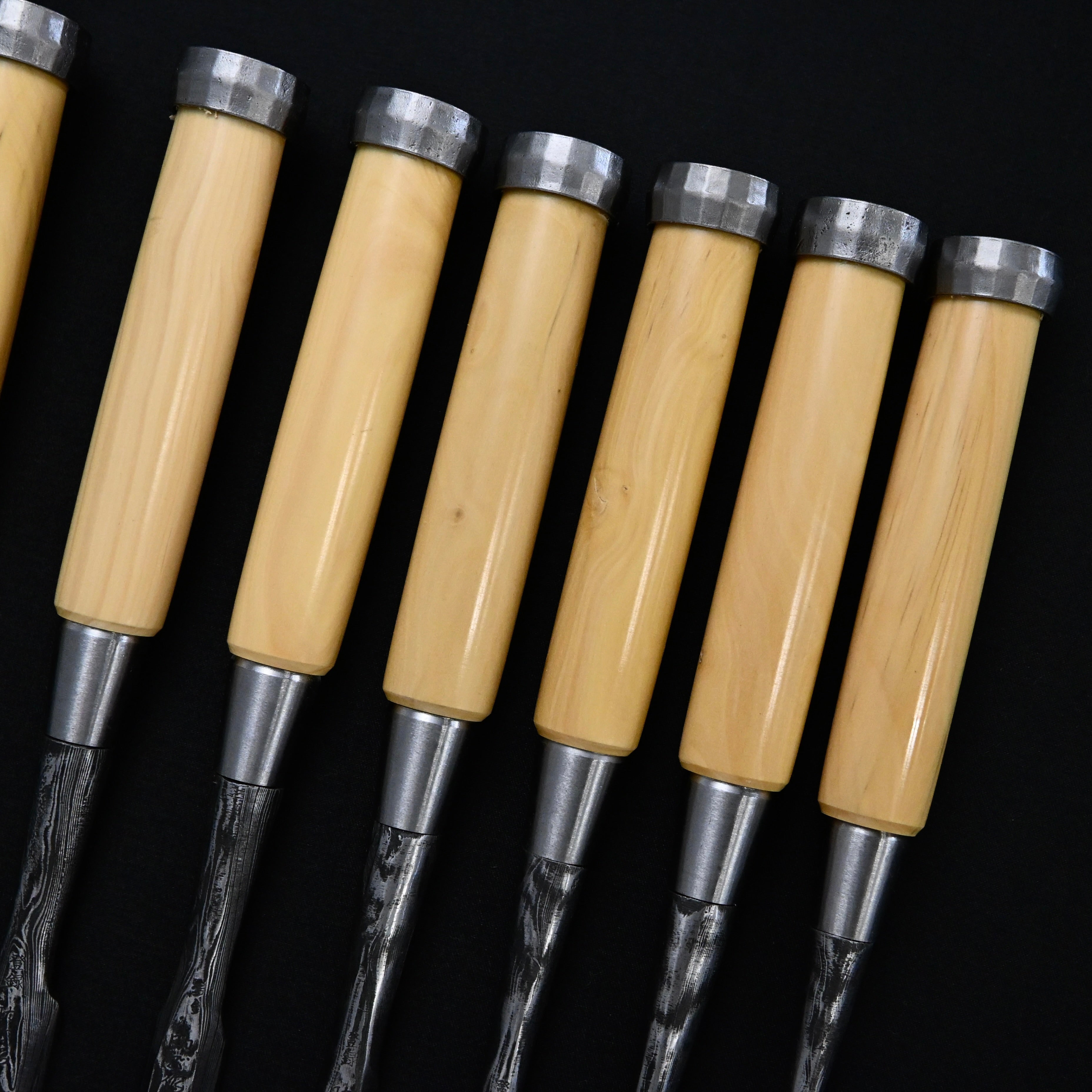 Sukemasa Suminagashi Bench chisels set with Box wood Handles 助正 墨流し 追入組鑿 柘植柄付