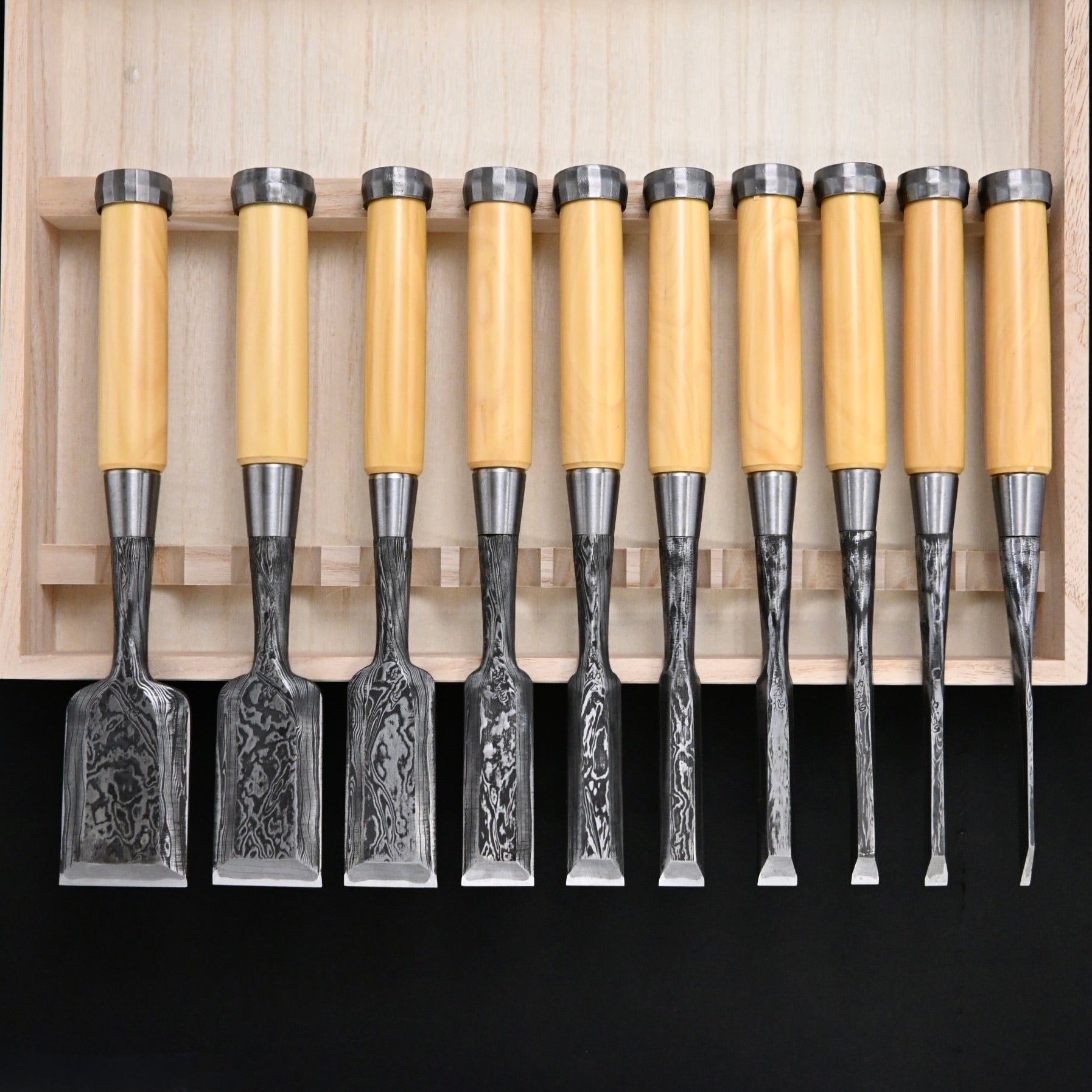 Sukemasa Suminagashi Bench chisels set with BoxWood Handles 助正 墨流し 追入組鑿 柘植柄 白紙鋼 Oirenomi