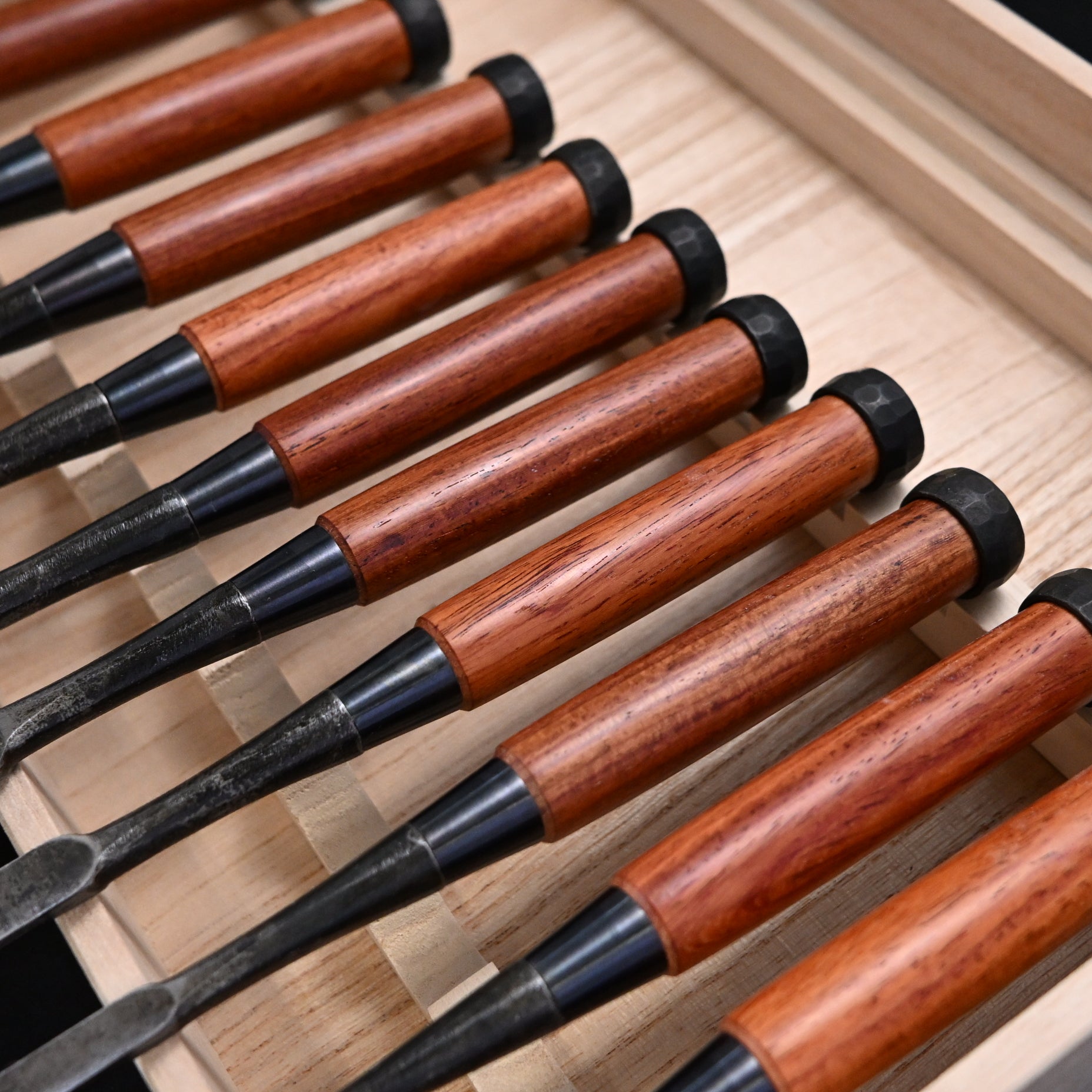 Kanetake Bench chisels set with rosewood Handle by Takahashi Norikazu 高橋典三作 カネ武 追入組鑿 紫檀柄
