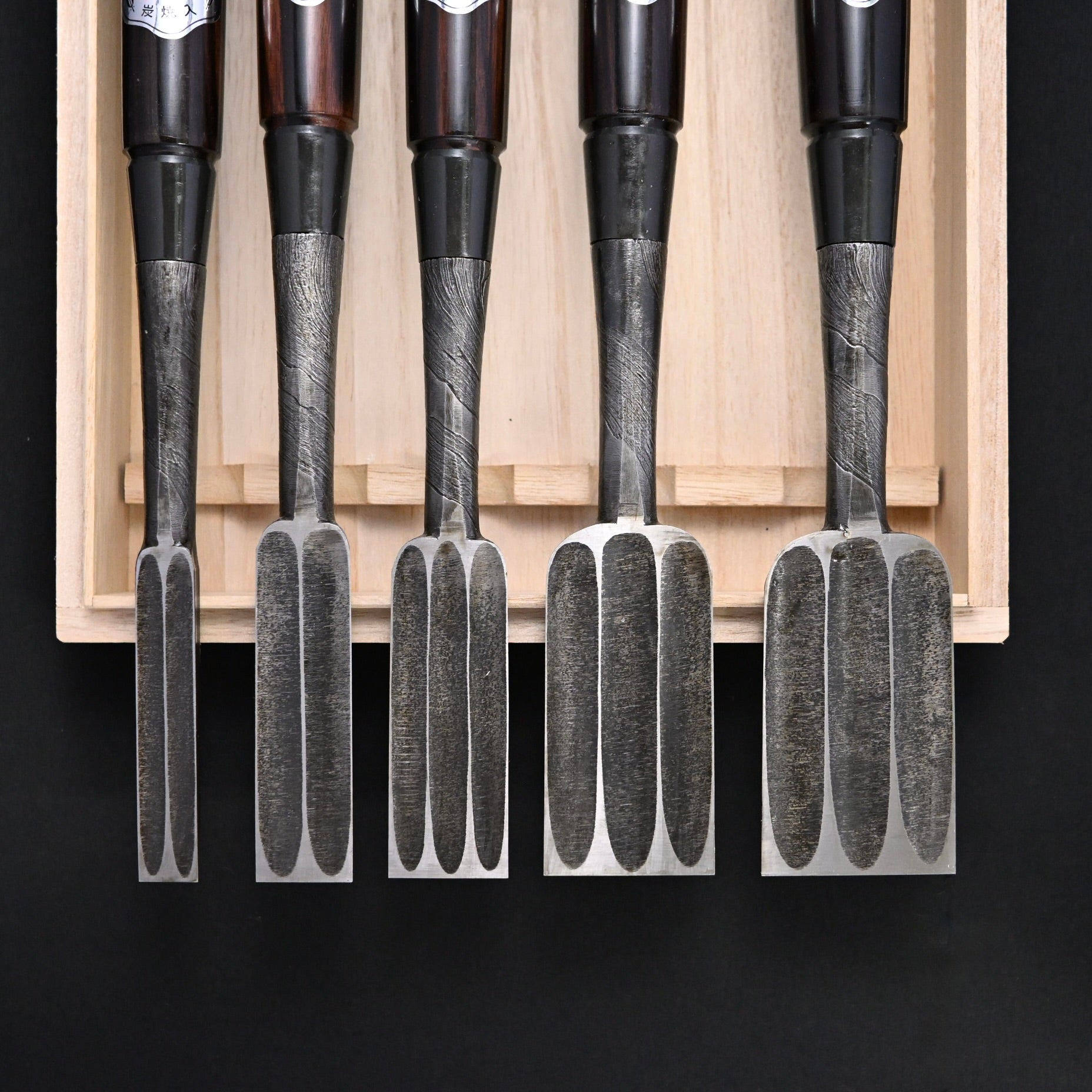 #12掘出し物 錦清水 叩き鑿5本組 黒檀柄 Rare Stock Nishiki Kiyomi Timber Chisels Set 5pc with Ebony Handle