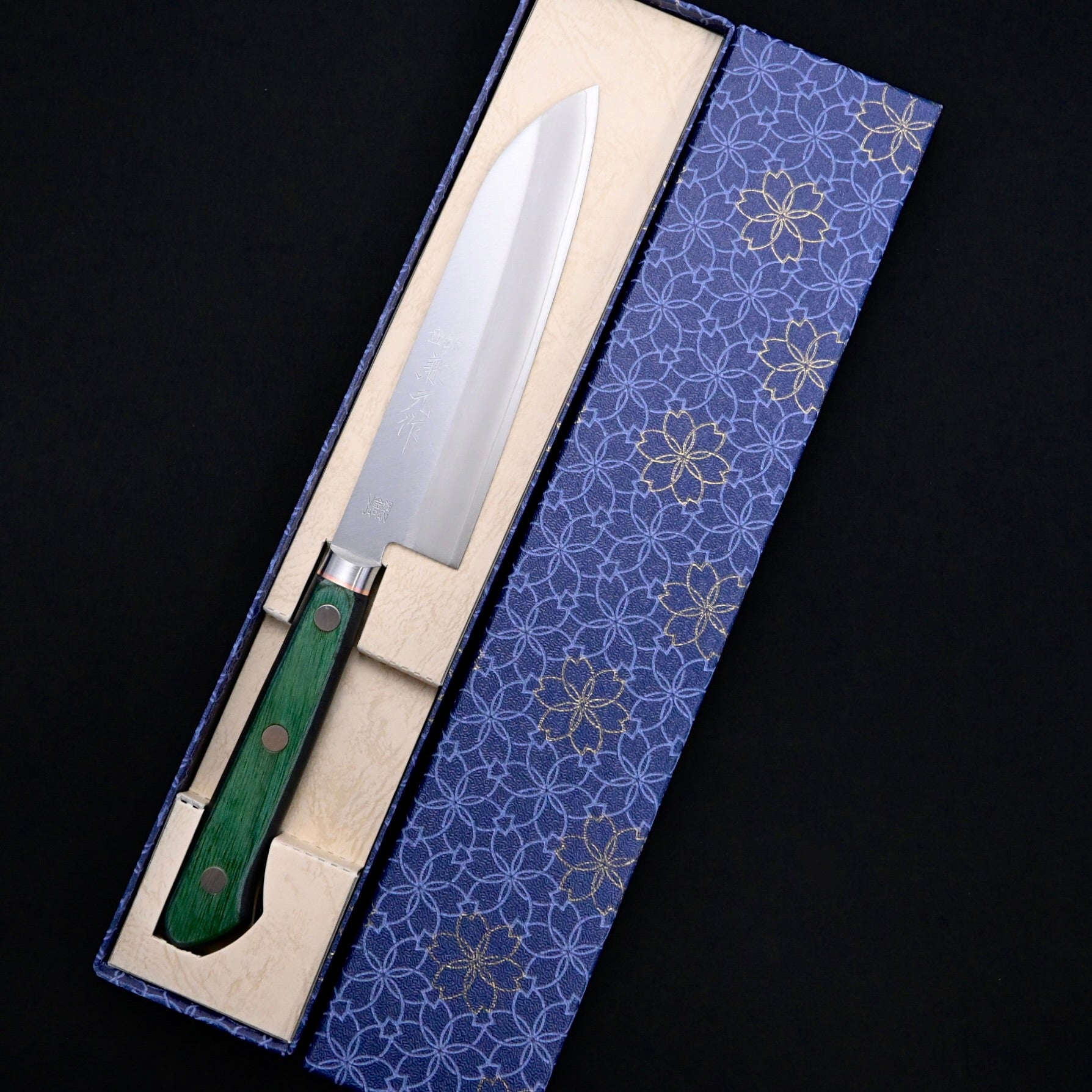 Kanemoto Small Santoku kitchen knife Green Handle 兼元 小三徳包丁 DPゴールド 140mm 緑合板柄